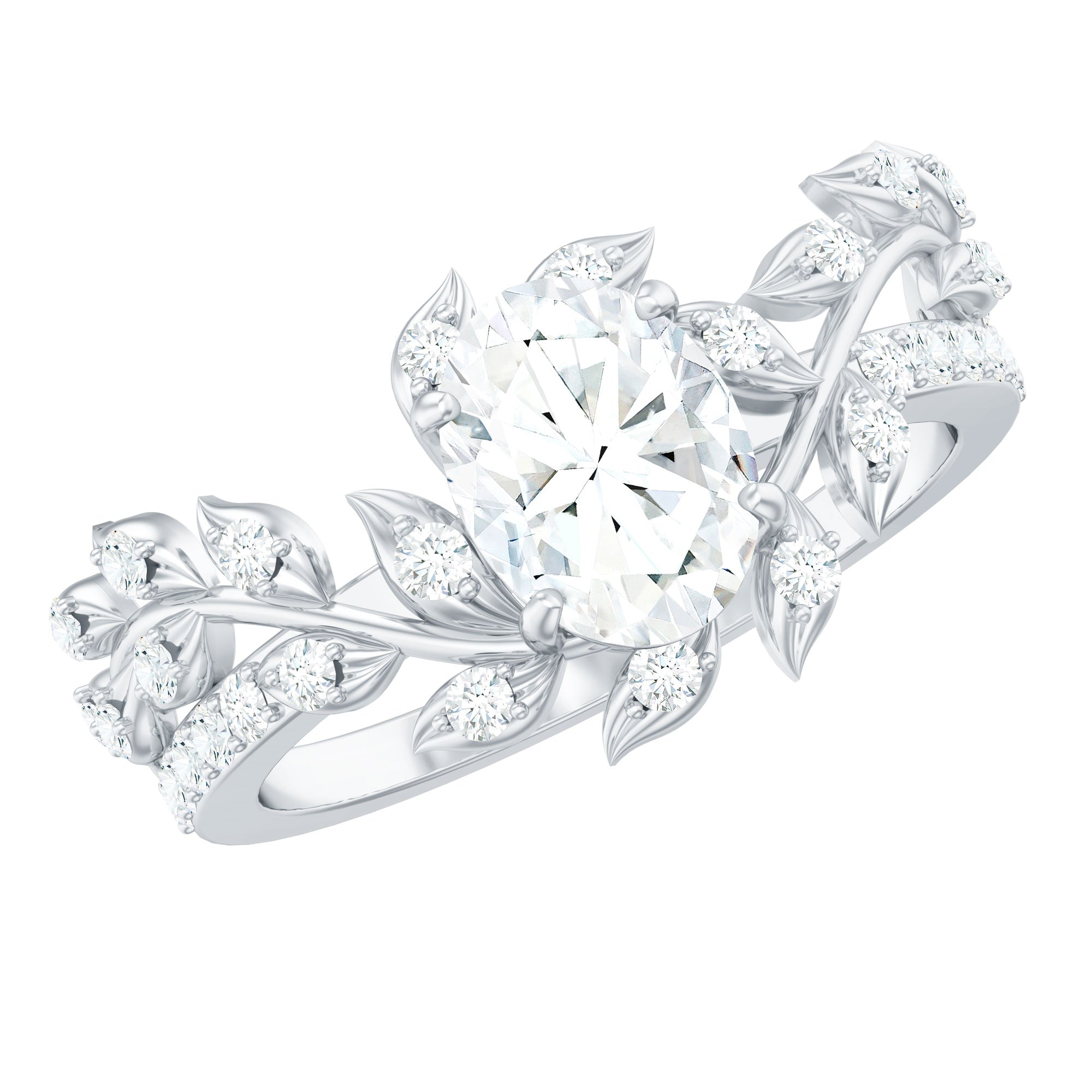 Nature Inspired Moissanite Oval Engagement Ring in Silver
