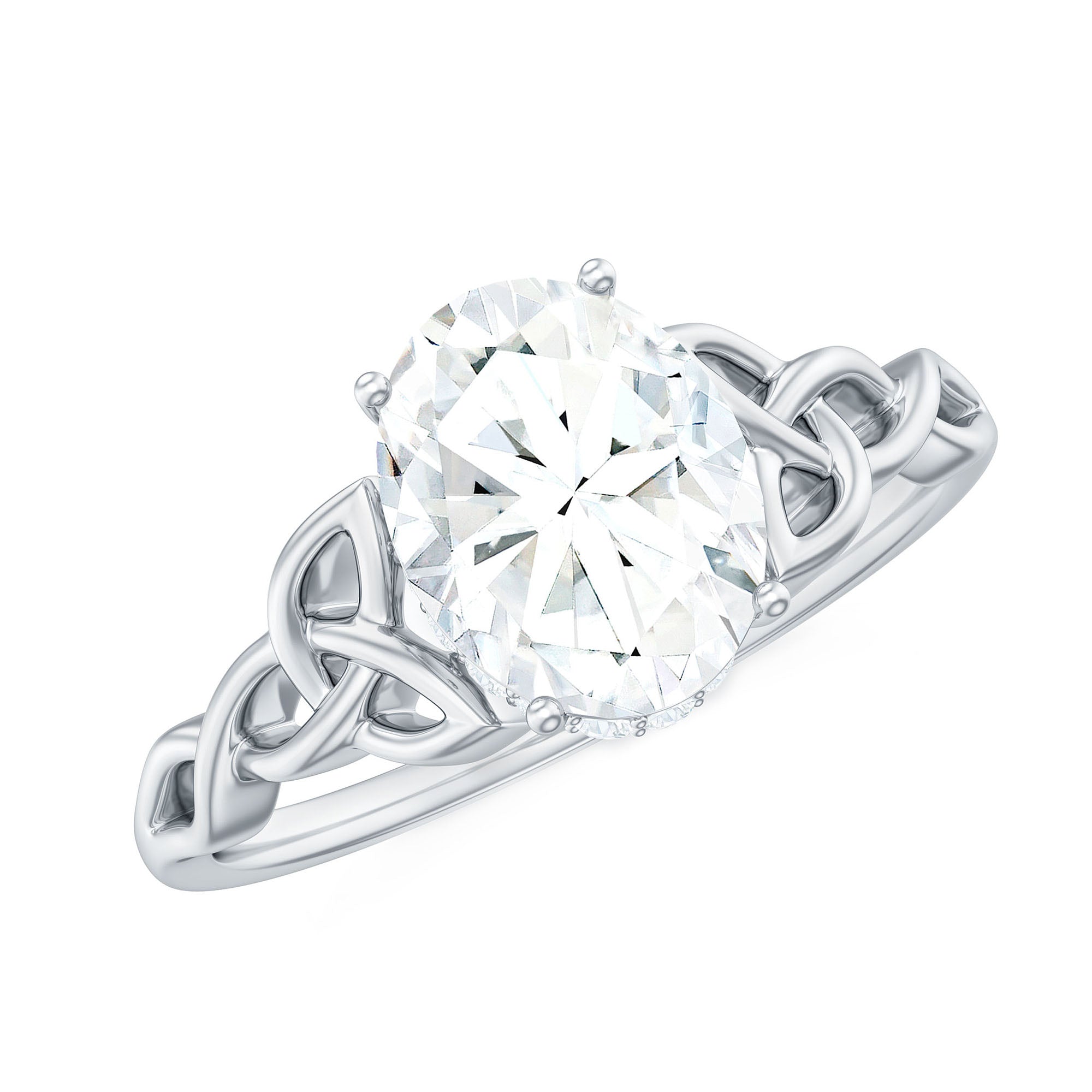 Certified 7X9 MM Oval Moissanite Hidden Halo Engagement Ring with Celtic Knot