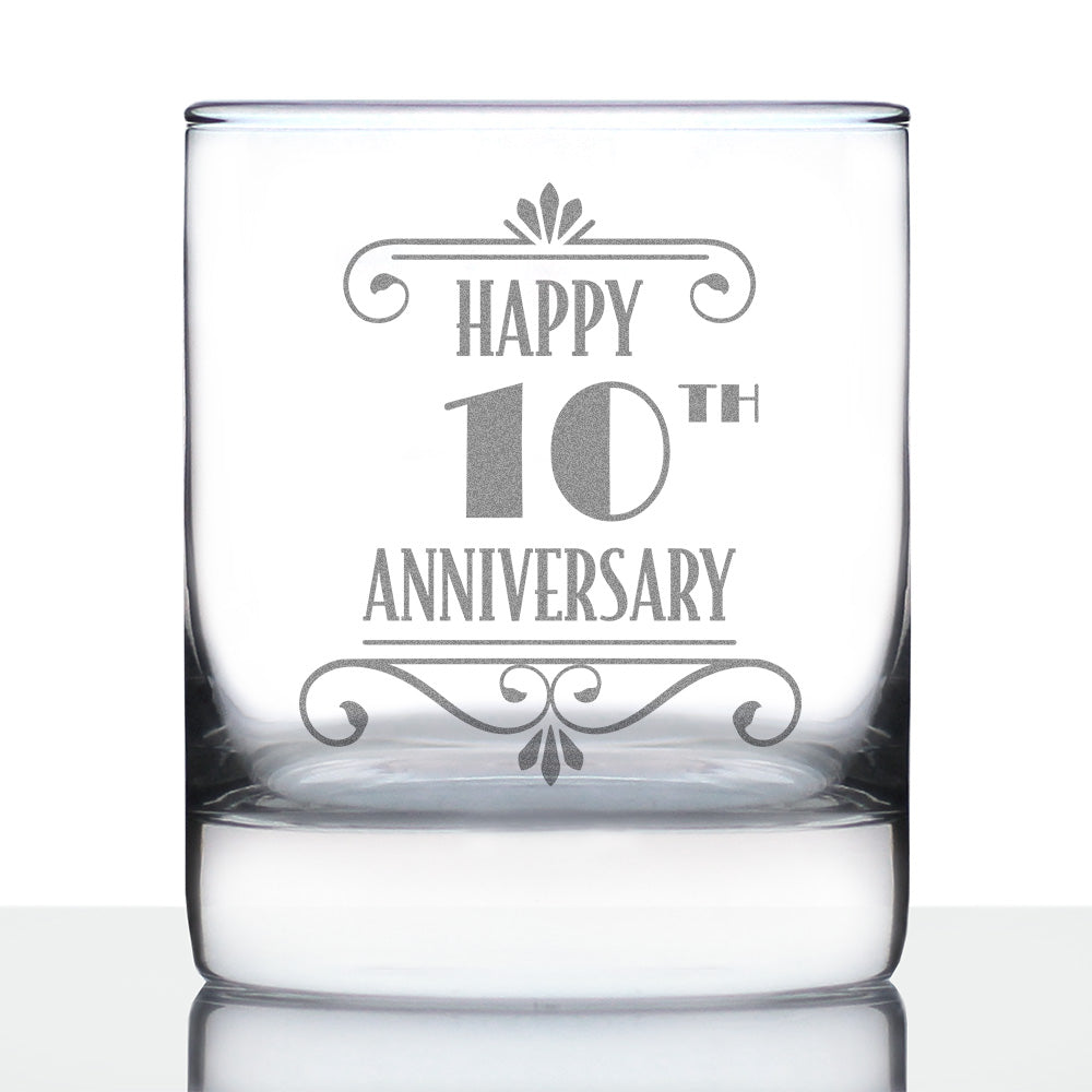Happy 10th Anniversary Engraved Rocks Glass Gifts 10 Year Anniversary Art Deco Party Decor Weighted Whiskey Glasses - 10.25 oz