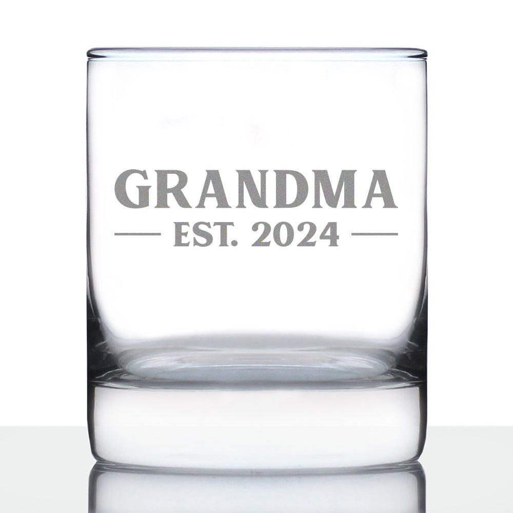 Grandma Est 2024 - New Grandmother Whiskey Rocks Glass Gift for First Time Grandparents - Bold 10.25 Oz Glasses