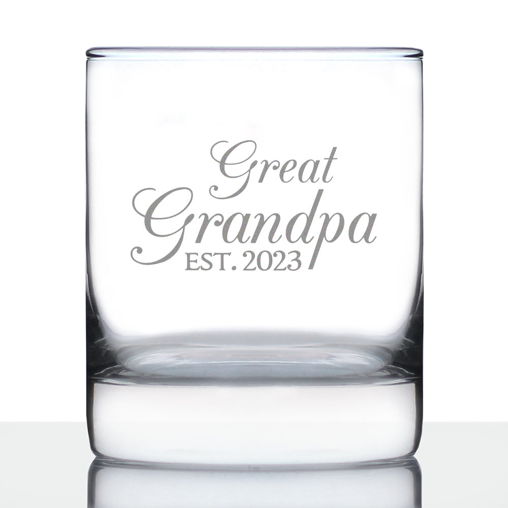 Great Grandpa Est 2023 - New Great Grandfather Whiskey Rocks Glass Gift for First Time Great Grandparents - Decorative 10.25 Oz Glasses