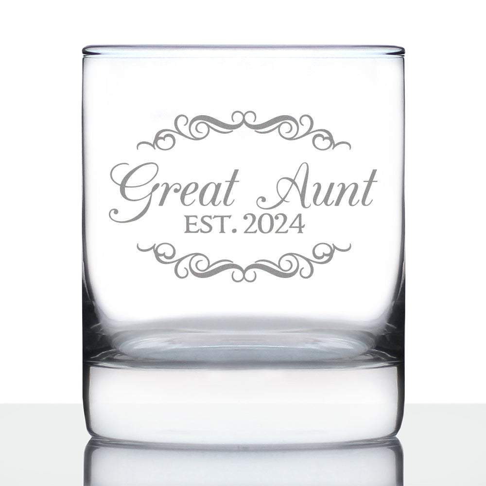 Great Aunt Est 2024 - New Great Aunts Whiskey Rocks Glass Gift for First Time Great Aunts - Decorative 10.25 Oz Glasses