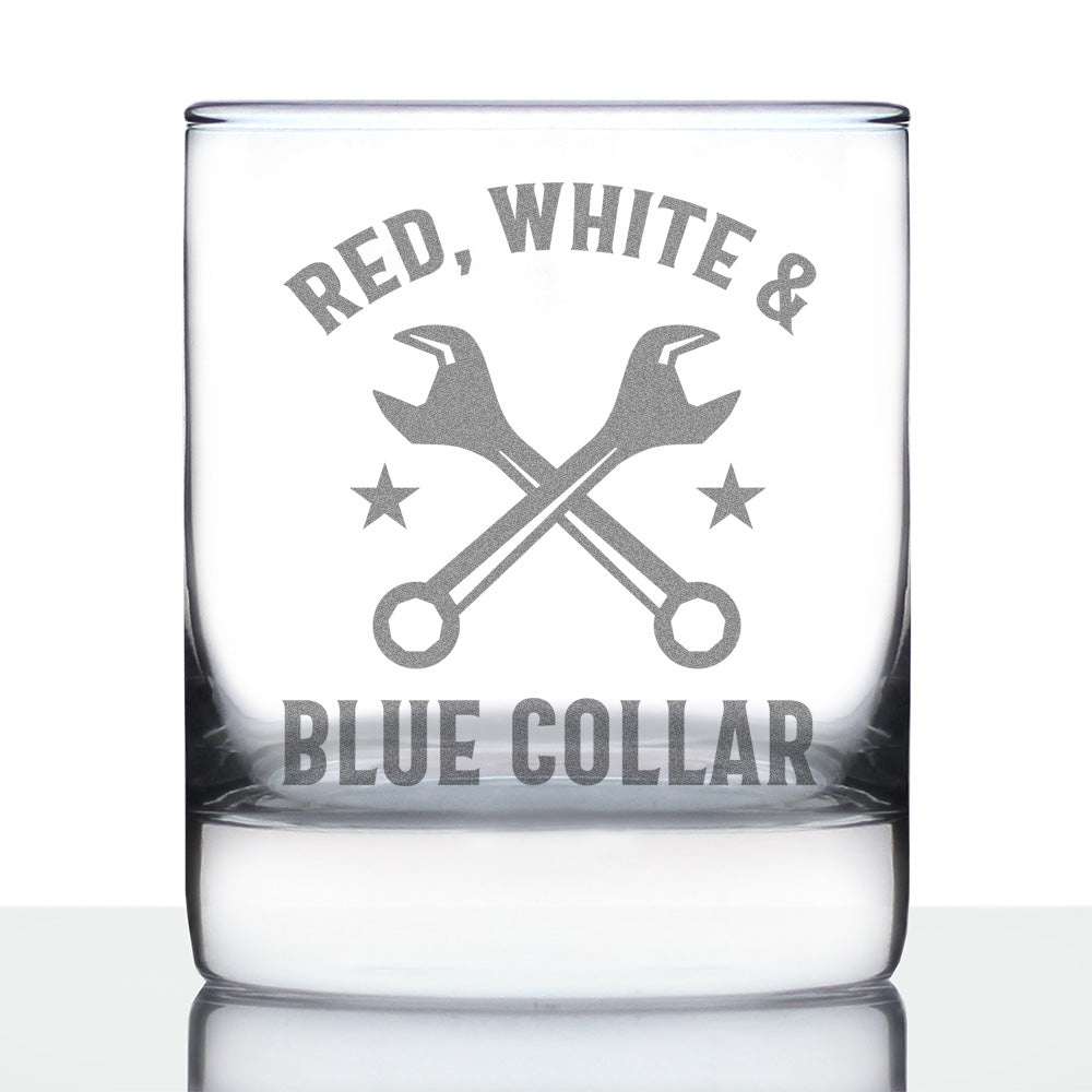 Red White &amp;amp; Blue Collar Engraved Rocks Glass Gifts Gifts for Tradesmen, Manual Labor Workers Weighted Whiskey Glasses - 10.25 oz