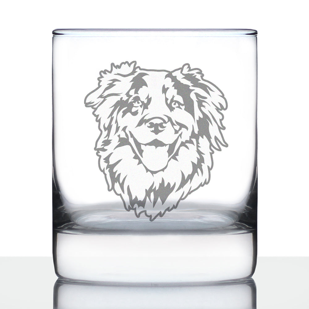 Australian Shepherd Face Whiskey Rocks Glass - Unique Dog Themed Decor and Gifts for Moms &amp;amp; Dads of Aussies - 10.25 Oz