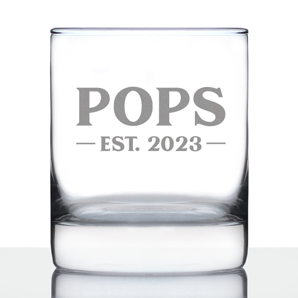 Pops Est. 2023 - Bold - 10 oz Rocks Glass or Old Fashioned Glass, Etched Sayings, Cute and Fun Reveal Gift for Grandparents