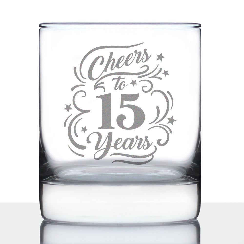 Cheers to 15 Years - Whiskey Rocks Glass Gifts for Women &amp;amp; Men - 15th Anniversary Party Decor - 10.25 Oz Glasses