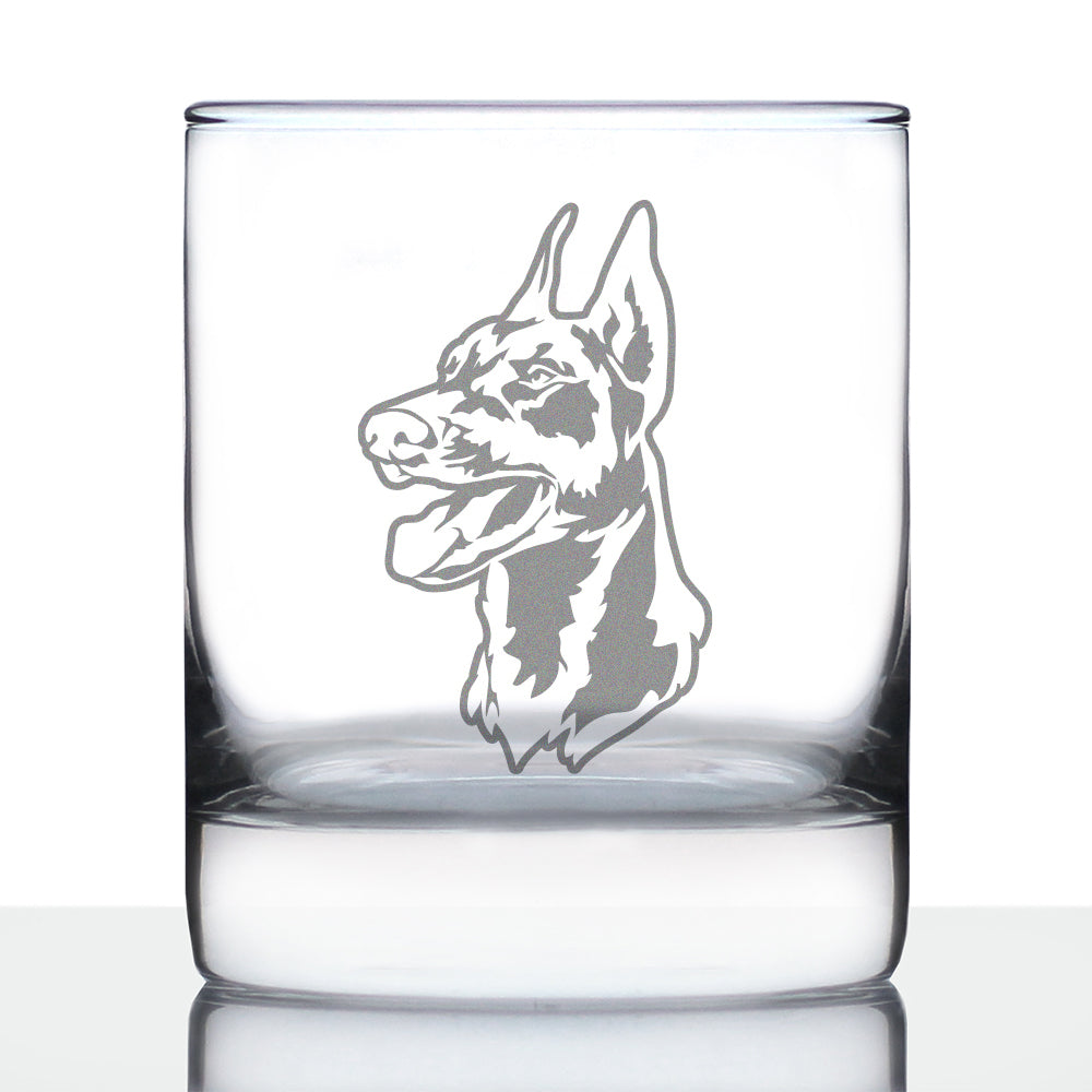 Doberman Face Whiskey Rocks Glass - Unique Dog Themed Decor and Gifts for Moms &amp;amp; Dads of Pinscher Dobermans - 10.25 Oz
