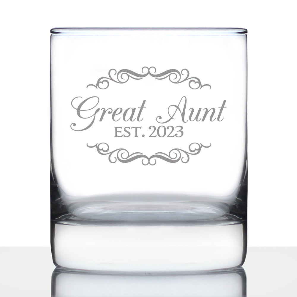 Great Aunt Est. 2023  - Decorative 10 oz Rocks Glass or Old Fashioned Glass, Etched Sayings, Women&amp;#39;s Gifts &amp;amp; Baby Reveal
