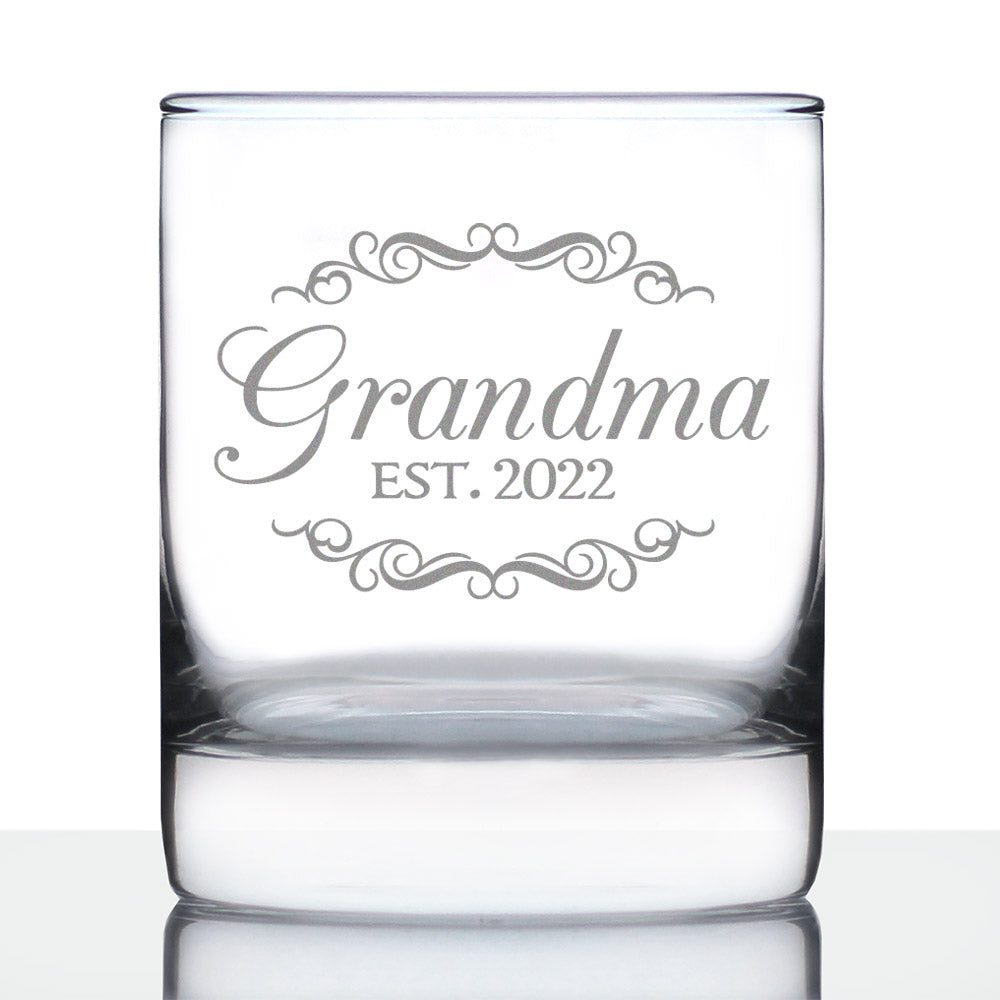 Grandma Est 2022 - New Grandmother Whiskey Rocks Glass Gift for First Time Grandparents - Decorative 10.25 Oz Glasses