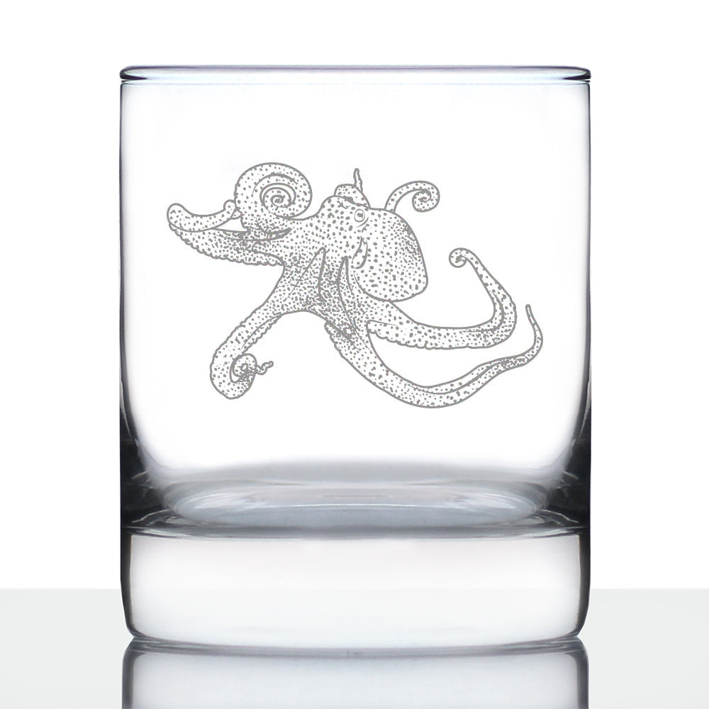 Octopus Engraved Whiskey Rocks Glass, Unique Decorative Gifts for Beach House, Nautical Birthday Gift for Men &amp;amp; Women Who Love Octopuses