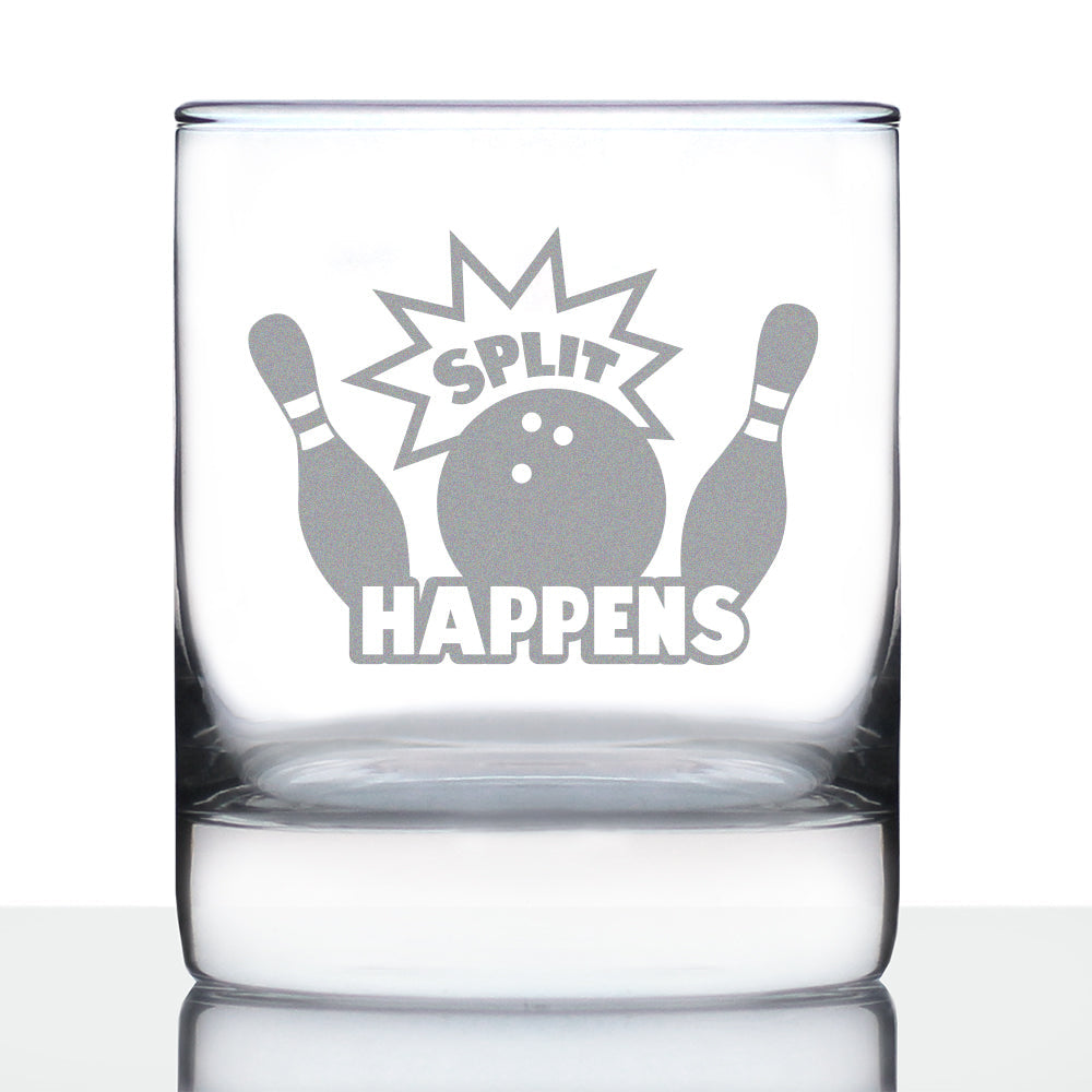 Split Happens Whiskey Rocks Glass - Funny Bowling Themed Gifts and Décor for Bowlers - 10.25 Oz Glass