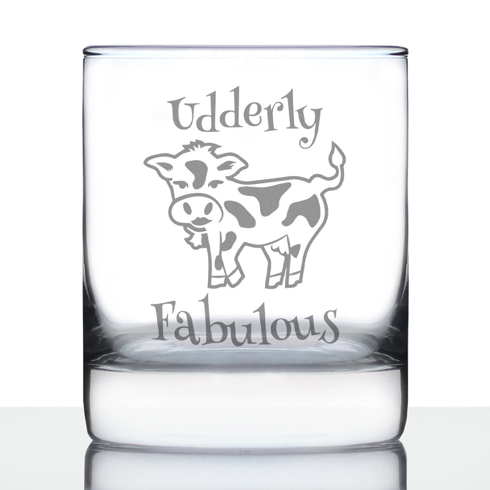Udderly Fabulous Whiskey Rocks Glass - Funny Cute Cow Gifts for Women Who Love Drinking Whisky &amp;amp; Etched Sayings Decor - 10.25 oz
