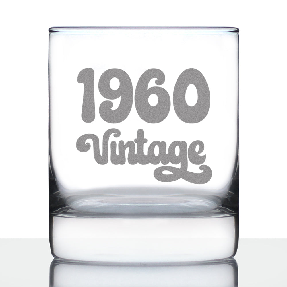 Vintage 1960 - 65th Birthday Rocks Glass, Fun Bday Gift for Men and Women Turning 65, Old Fashioned Glass 10 Ounce Size