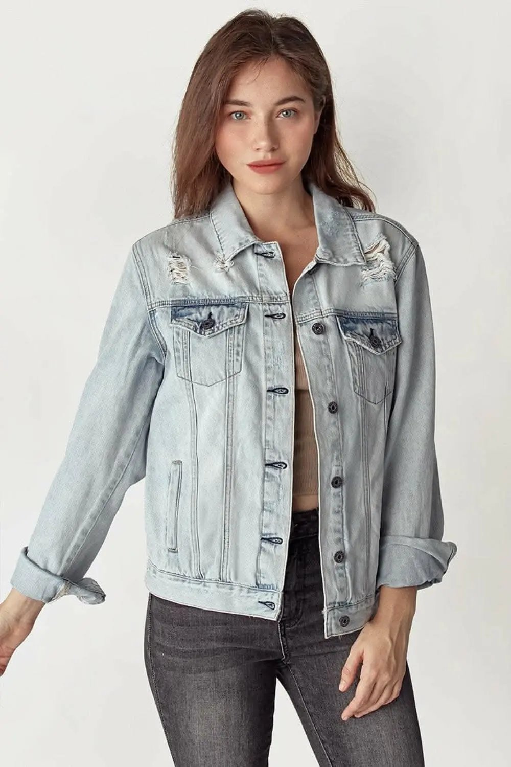 Trendsi Jeans &amp;amp; Denim RISEN Distressed Button Up Jacket
