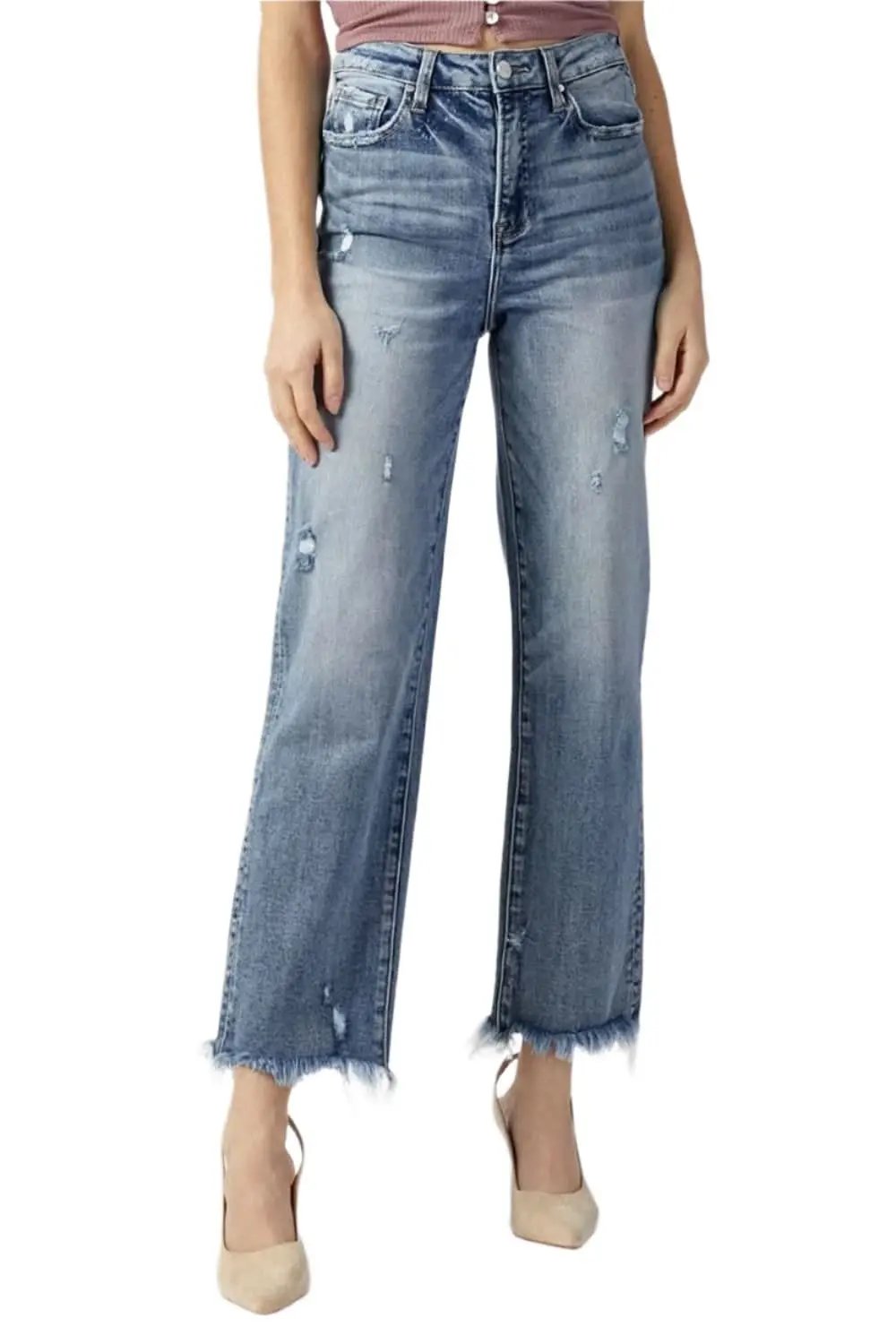 Trendsi High Waist Jeans Women&amp;#39;s Casual Denim Straight Leg Raw Hem Jeans