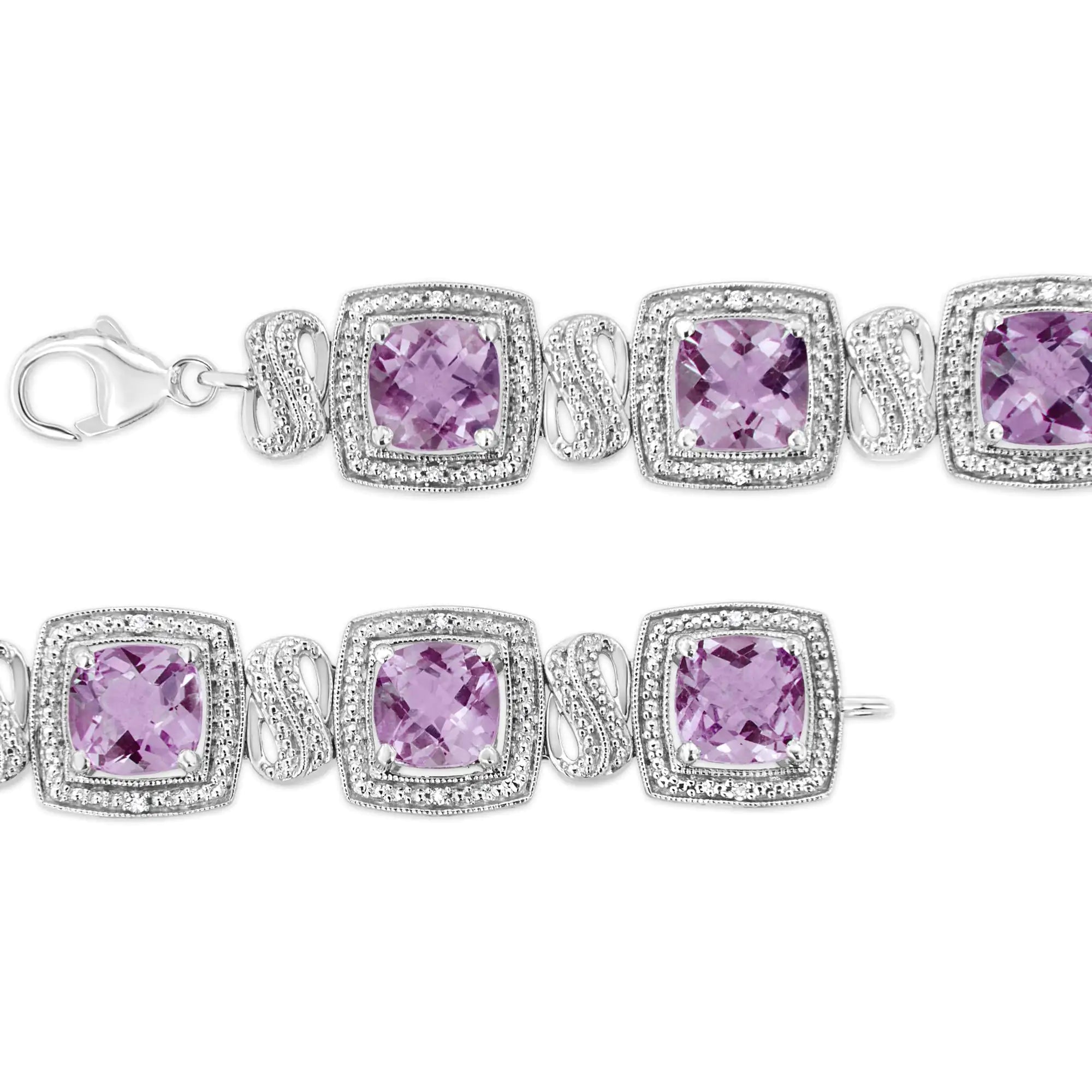 (.08) Style Loft Collection .925 Sterling Silver 7x7 mm Cushion Cut Purple Amethyst and 1/10 ctw Round Cut Diamond Square Shape Tennis Bracelet (I-J Color, I1-I2 Clarity) - 7"