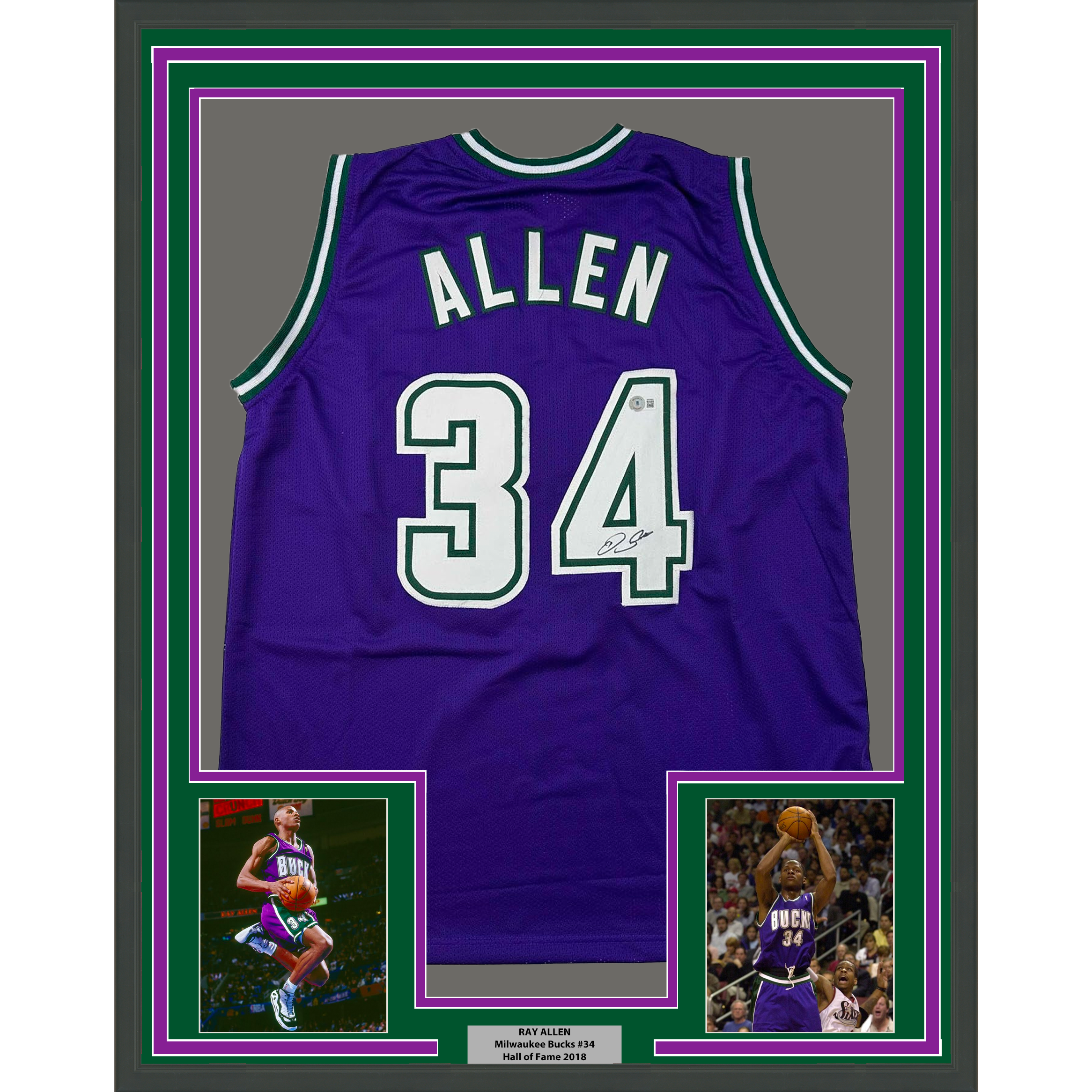 Framed Autographed/Signed Ray Allen 35x39 Milwaukee Purple Basketball Jersey Beckett BAS COA