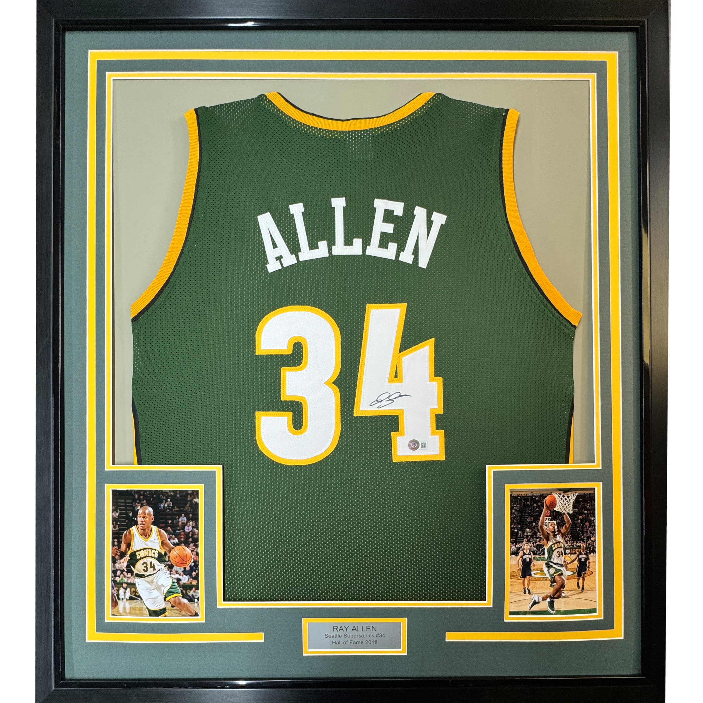 Framed Autographed/Signed Ray Allen 35x39 Seattle Green Basketball Jersey Beckett BAS COA