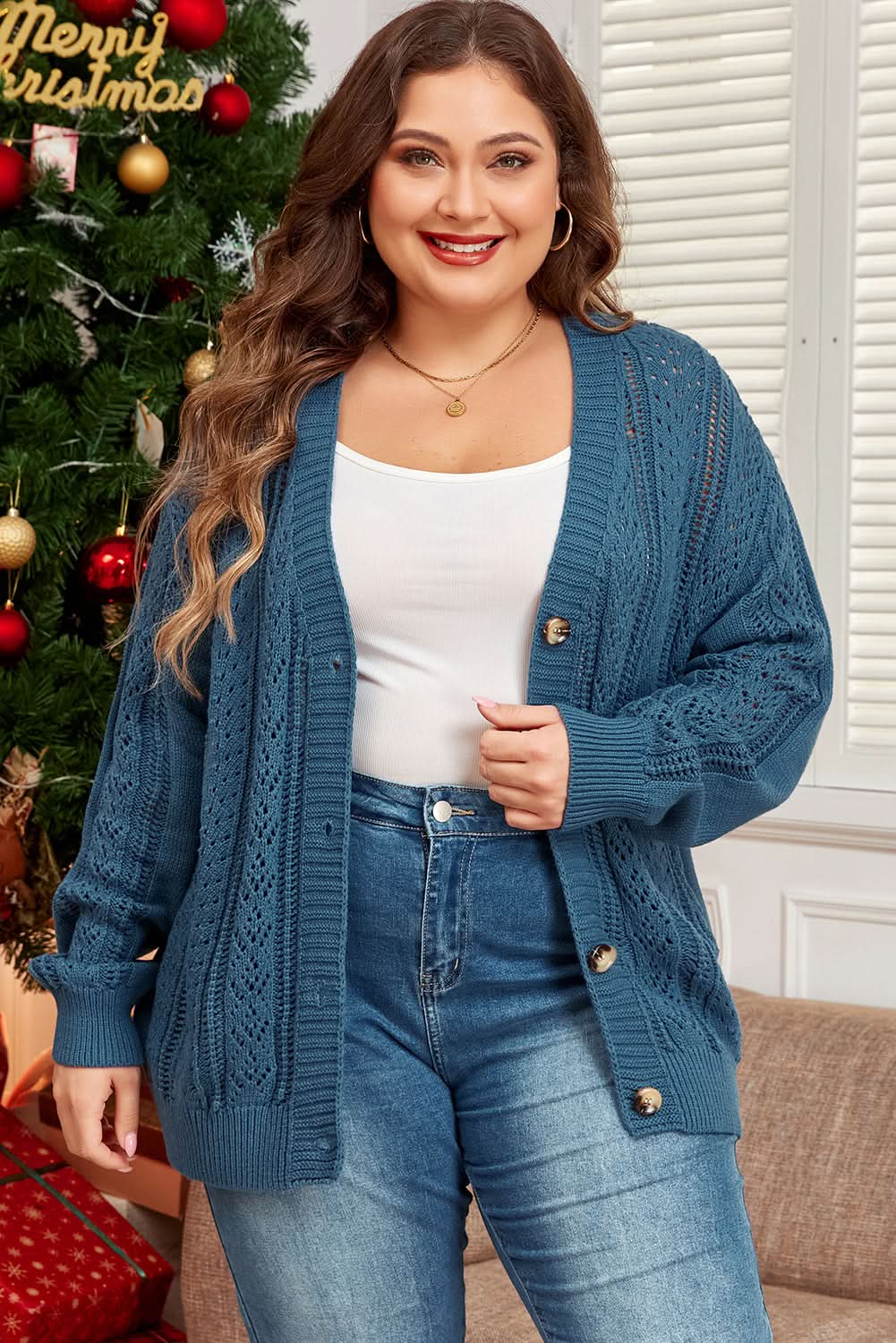 Love Salve Teal Knit Cardigan Women&amp;#39;s Daily Wear Plus Size Cardigan: Soft, Crochet