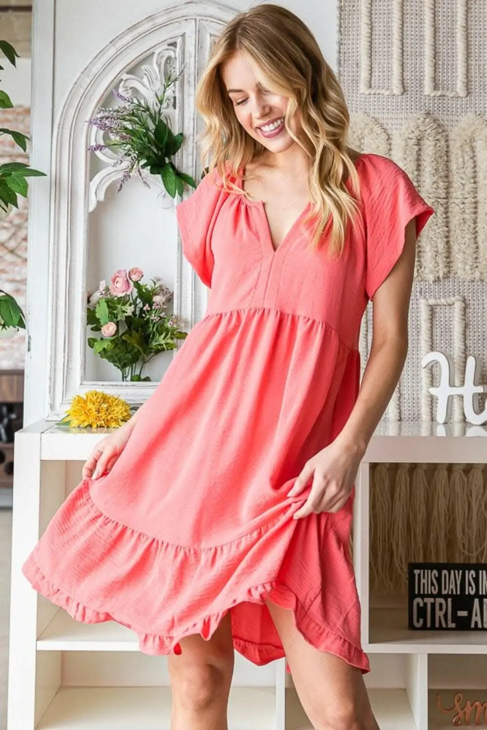 Trendsi usa - Reborn J Ruffled Notched Cap Sleeve Dress