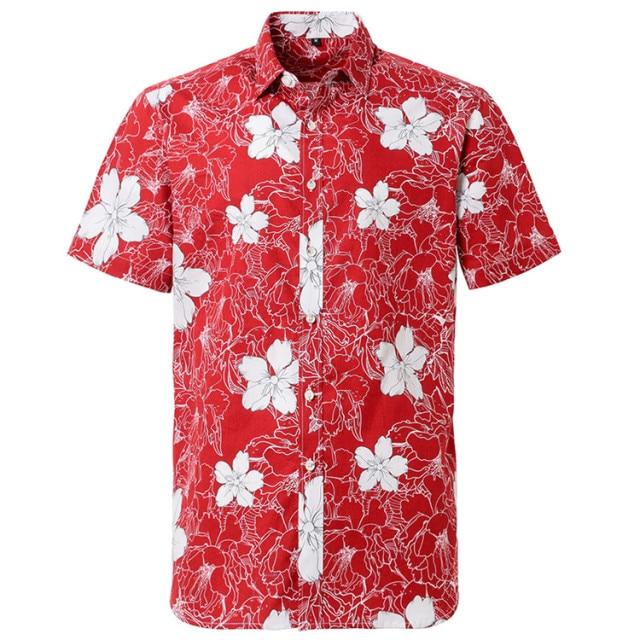 Red Hibiscus Hawaiian Cotton Short Sleeve Shirt
