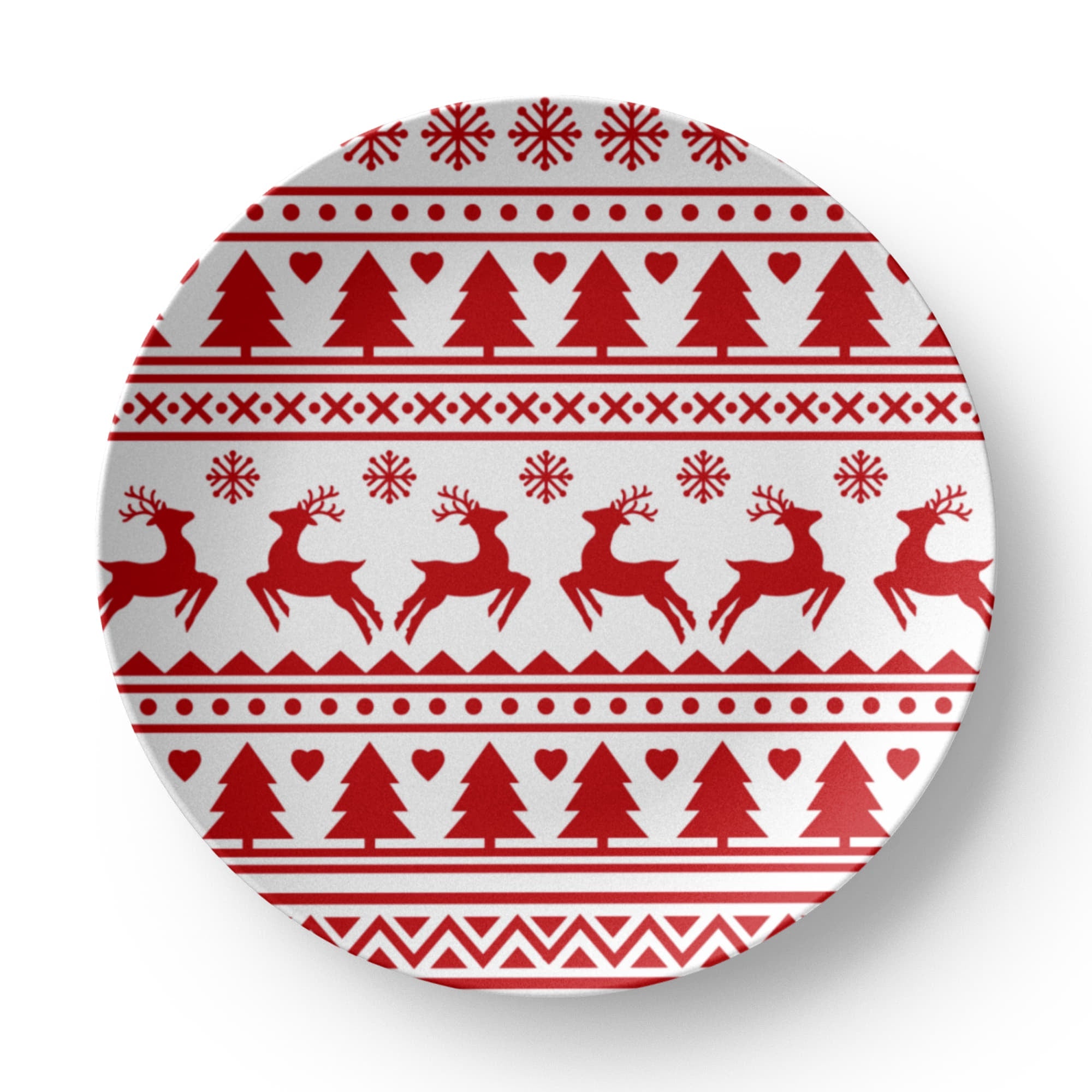 Red &amp;amp; White Fair Isle Reindeer Ceramic Dinner Plate 10 Inch | Nordic Christmas Dinnerware