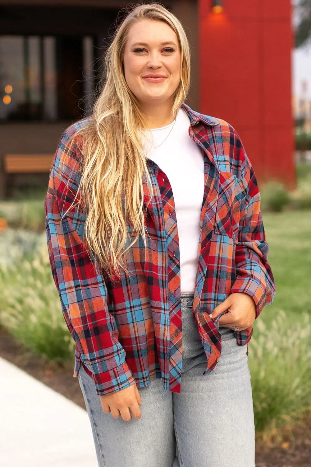 Love Salve Red Plaid Shirt Women&amp;#39;s Daily Western Button-Up Top Plus Size Fall Fashion