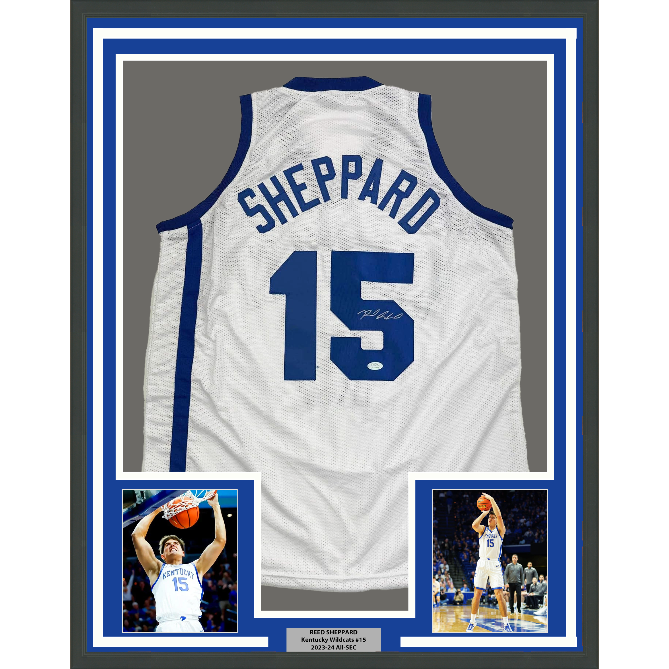 Framed Autographed/Signed Reed Sheppard 35x39 Kentucky White College Basketball Jersey PSA COA