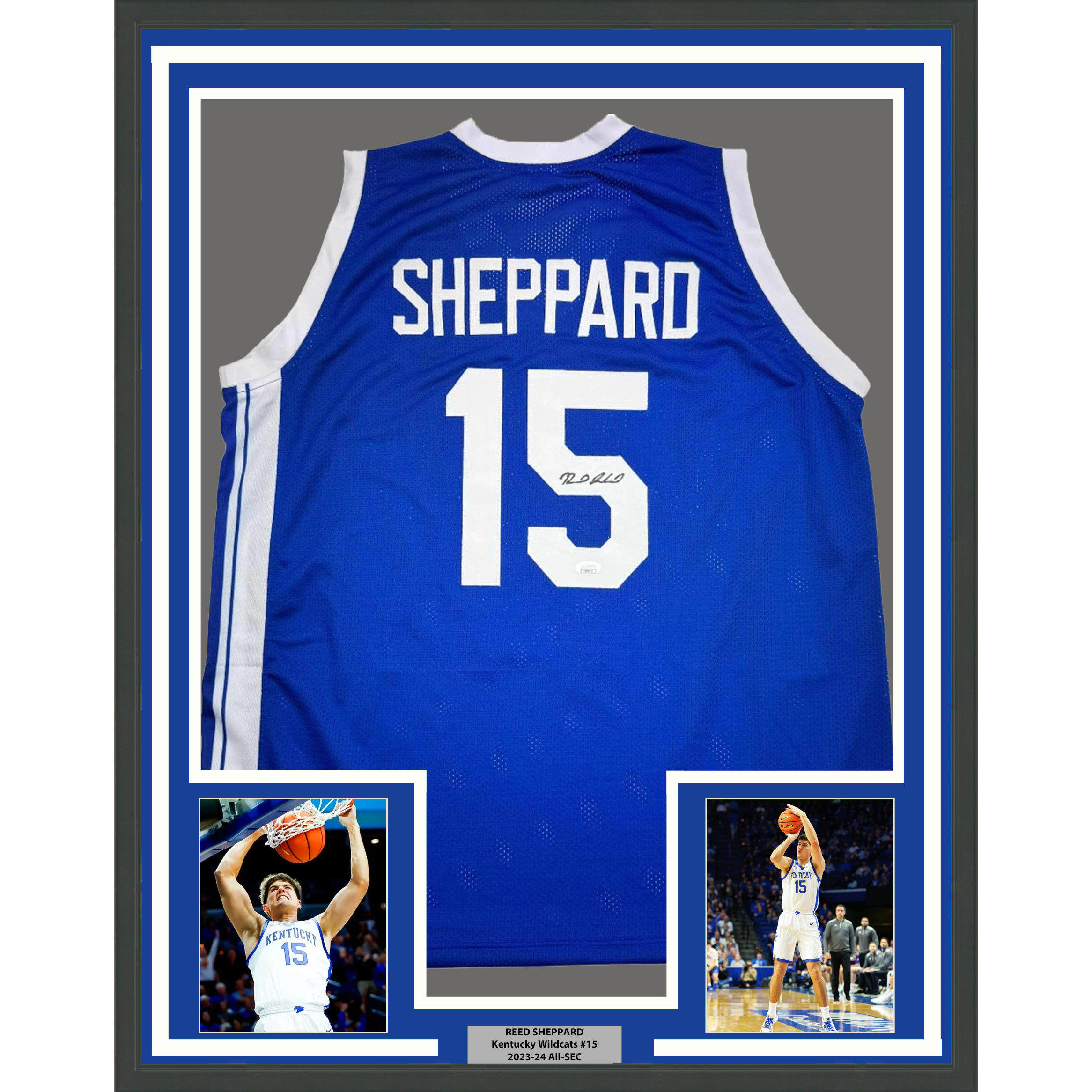 Framed Autographed/Signed Reed Sheppard 35x39 Kentucky Blue College Basketball Jersey JSA COA