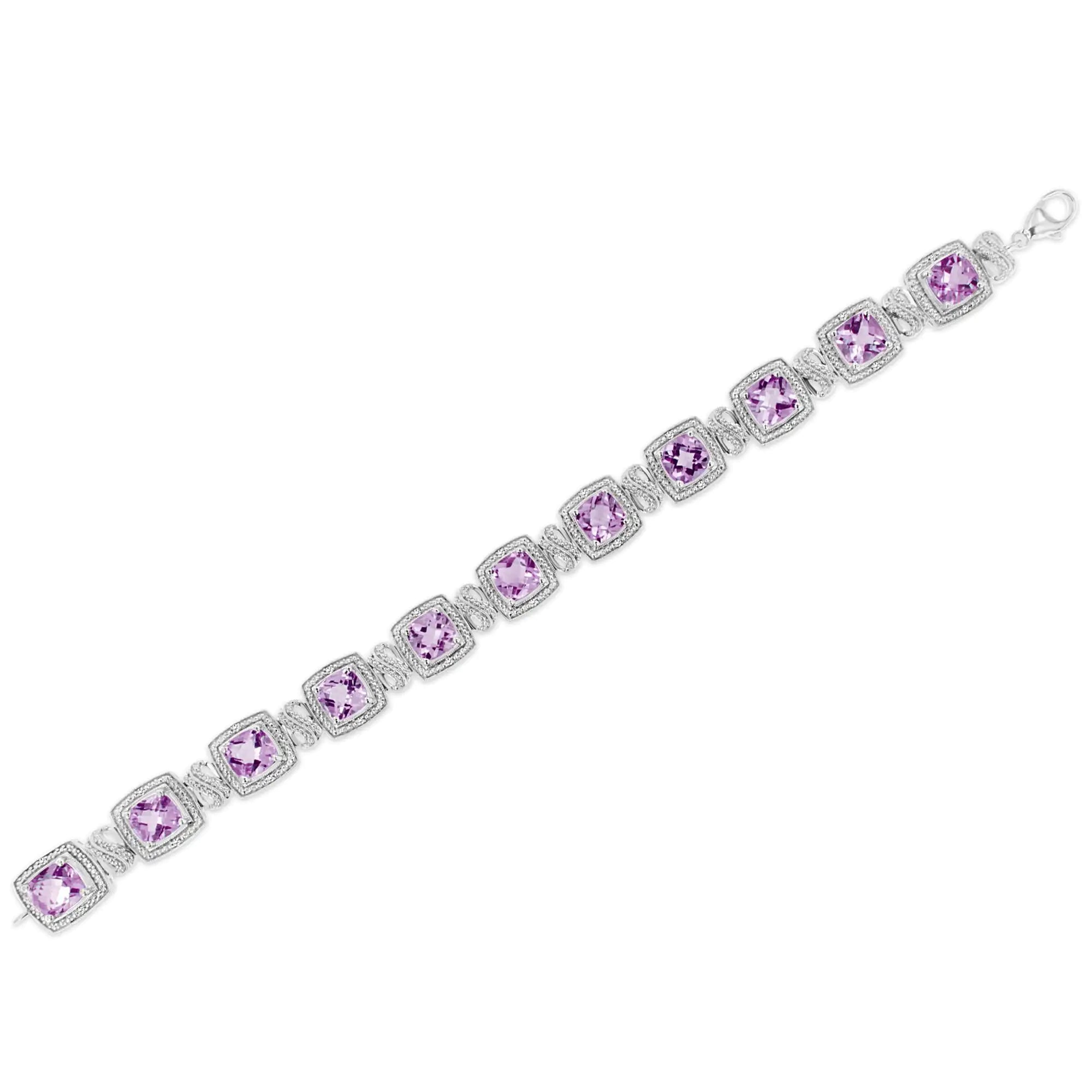 (.08) Style Loft Collection .925 Sterling Silver 7x7 mm Cushion Cut Purple Amethyst and 1/10 ctw Round Cut Diamond Square Shape Tennis Bracelet (I-J Color, I1-I2 Clarity) - 7"