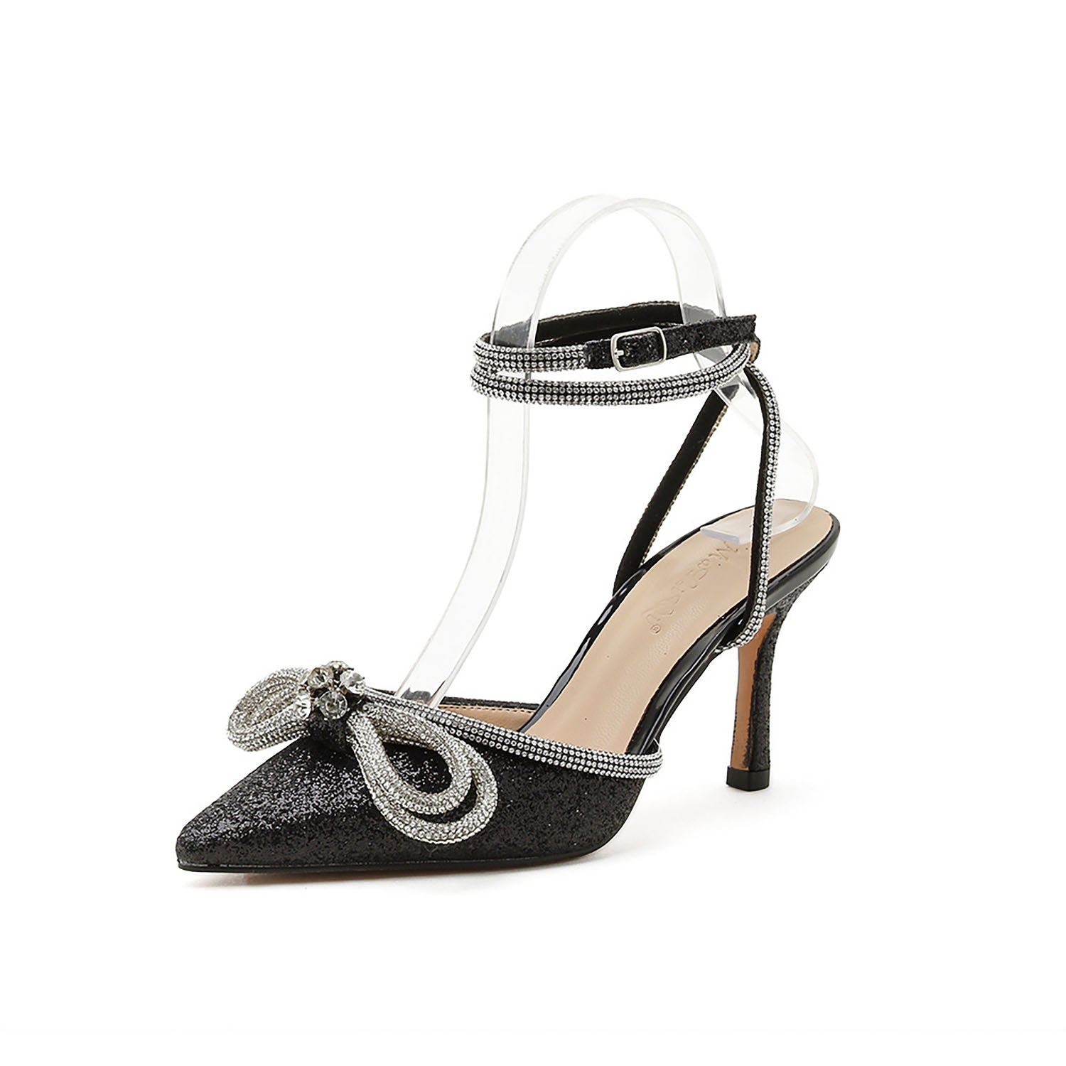 Rhinestone Bow Glitter Pointed Toe Heels | ZAKAPOP