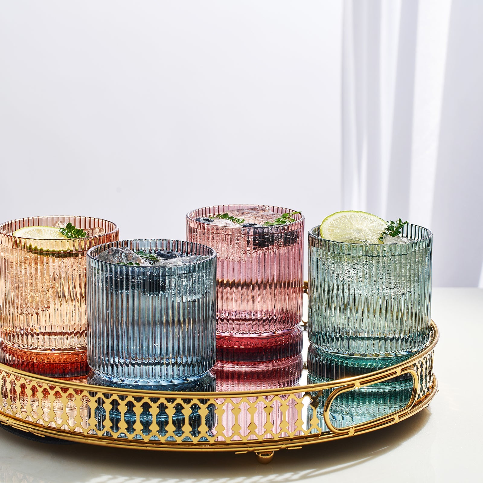 Tonal Ribbed Whiskey Glassware, Set of 4