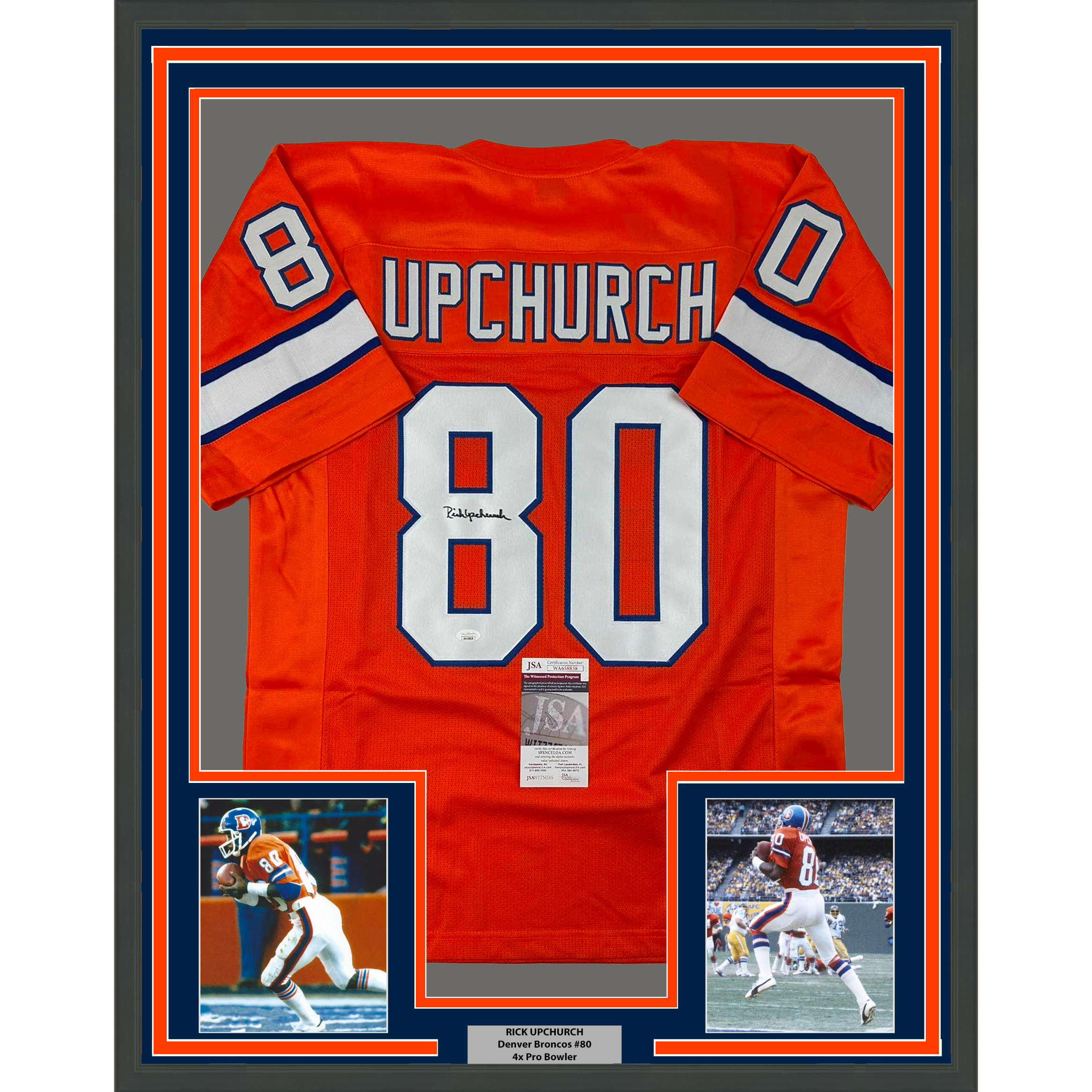 Framed Autographed/Signed Rick Upchurch 35x39 Denver Orange Football Jersey JSA COA