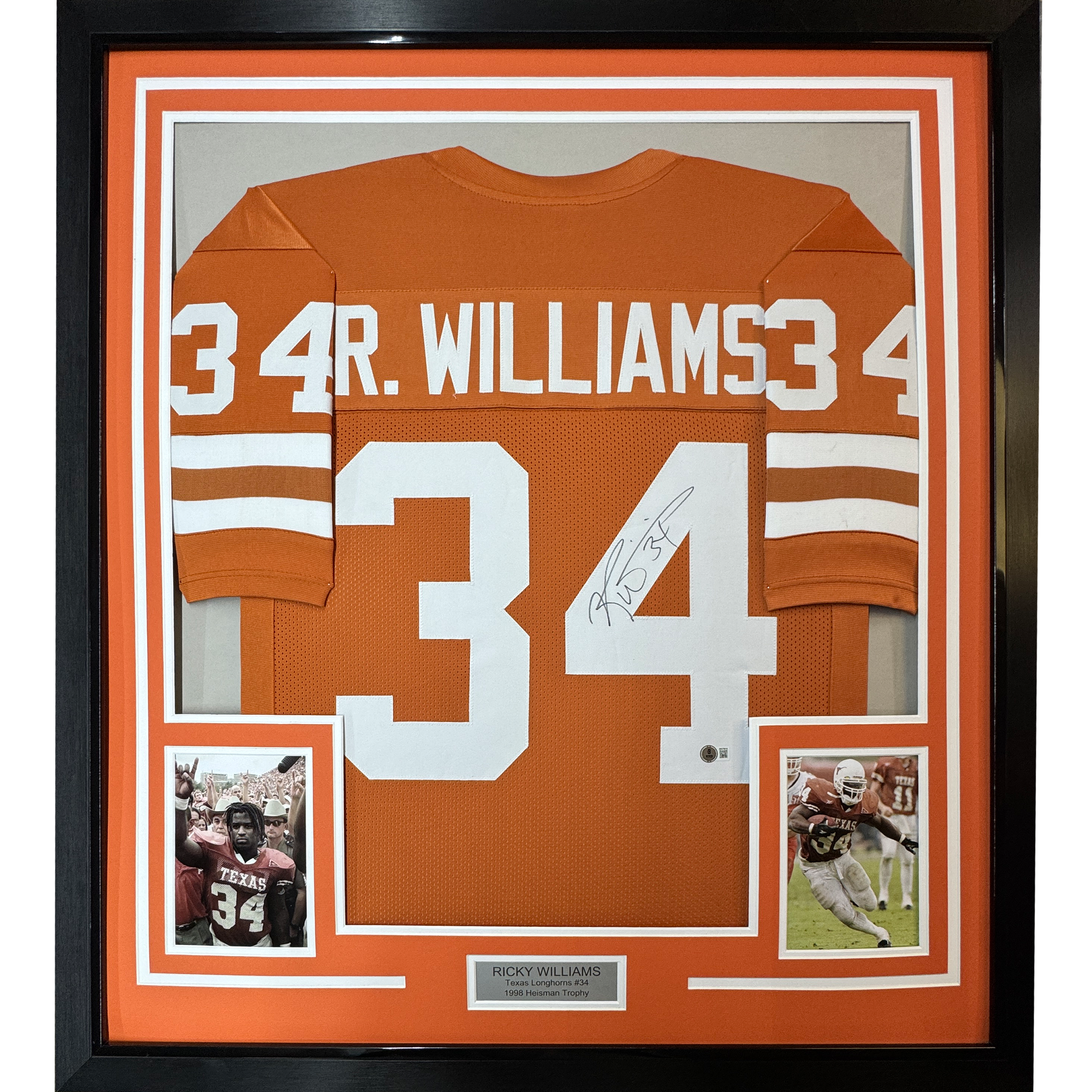 Framed Autographed/Signed Ricky Williams 35x39 Texas Orange College Football Jersey JSA COA
