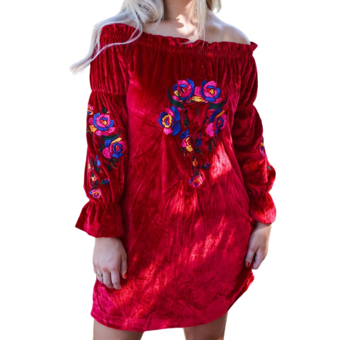 Rio Grande Embroidered Velvet Tunic Dress in Red [S &amp;amp; 2X Remaining]