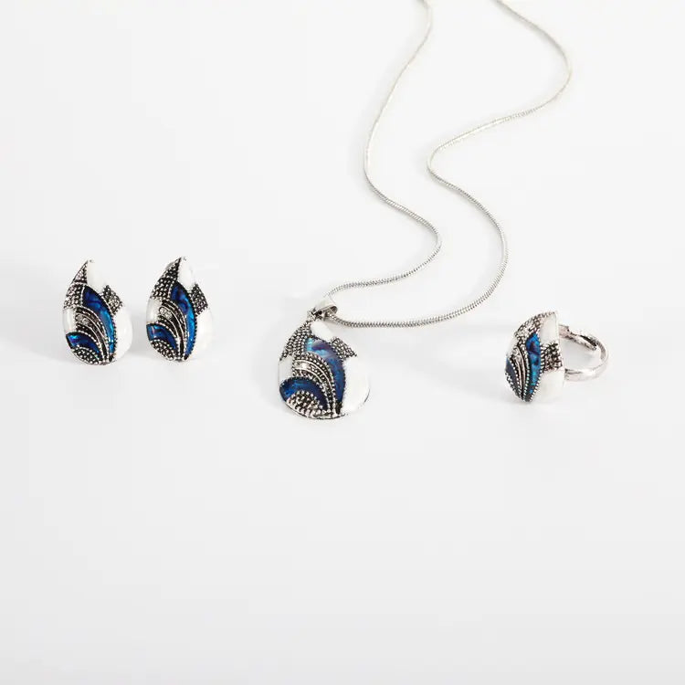 Style Loft Collection Peacock Tail Sapphire Necklace, Ring, and Earring Set