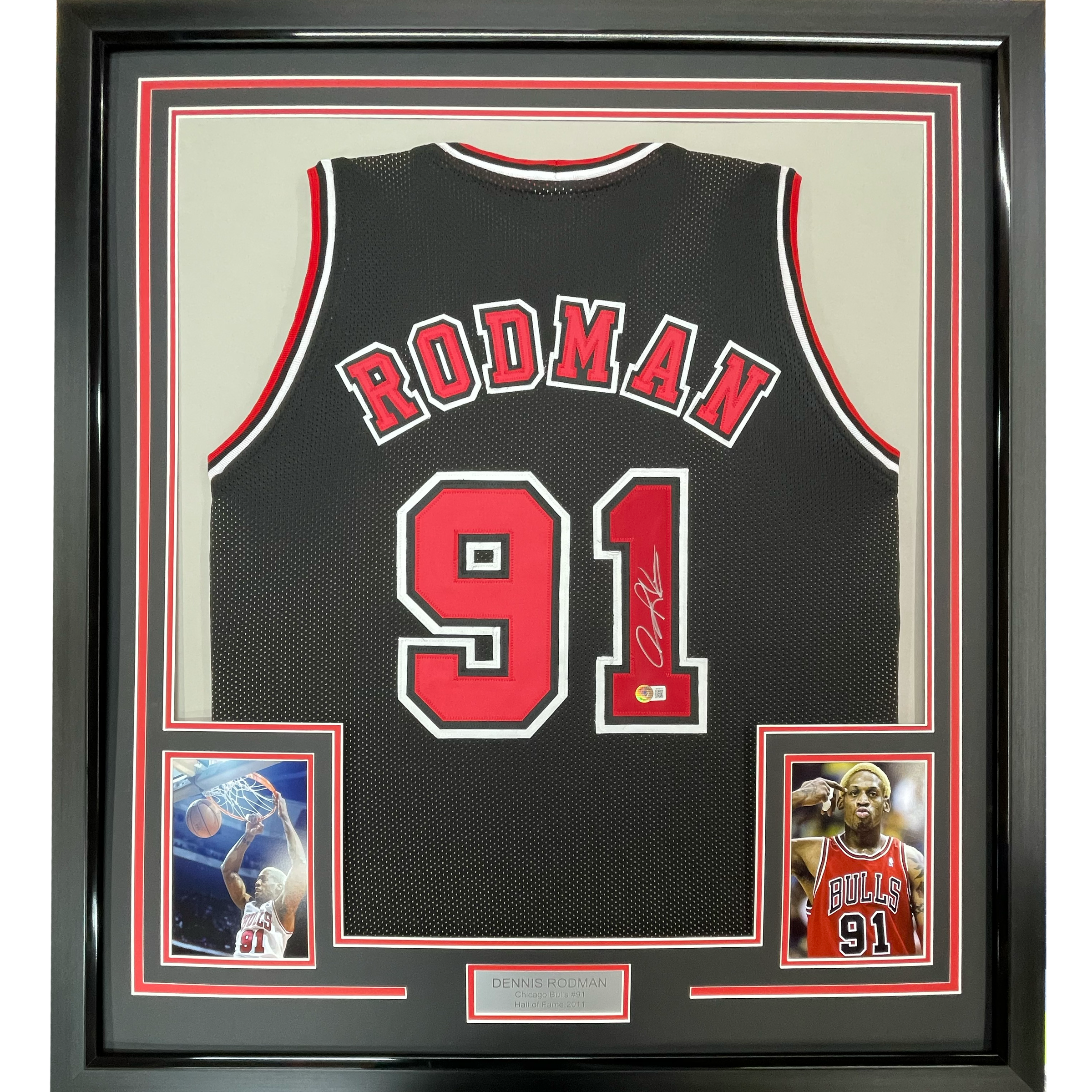 Framed Autographed/Signed Dennis Rodman 35x39 Chicago Black Basketball Jersey JSA COA