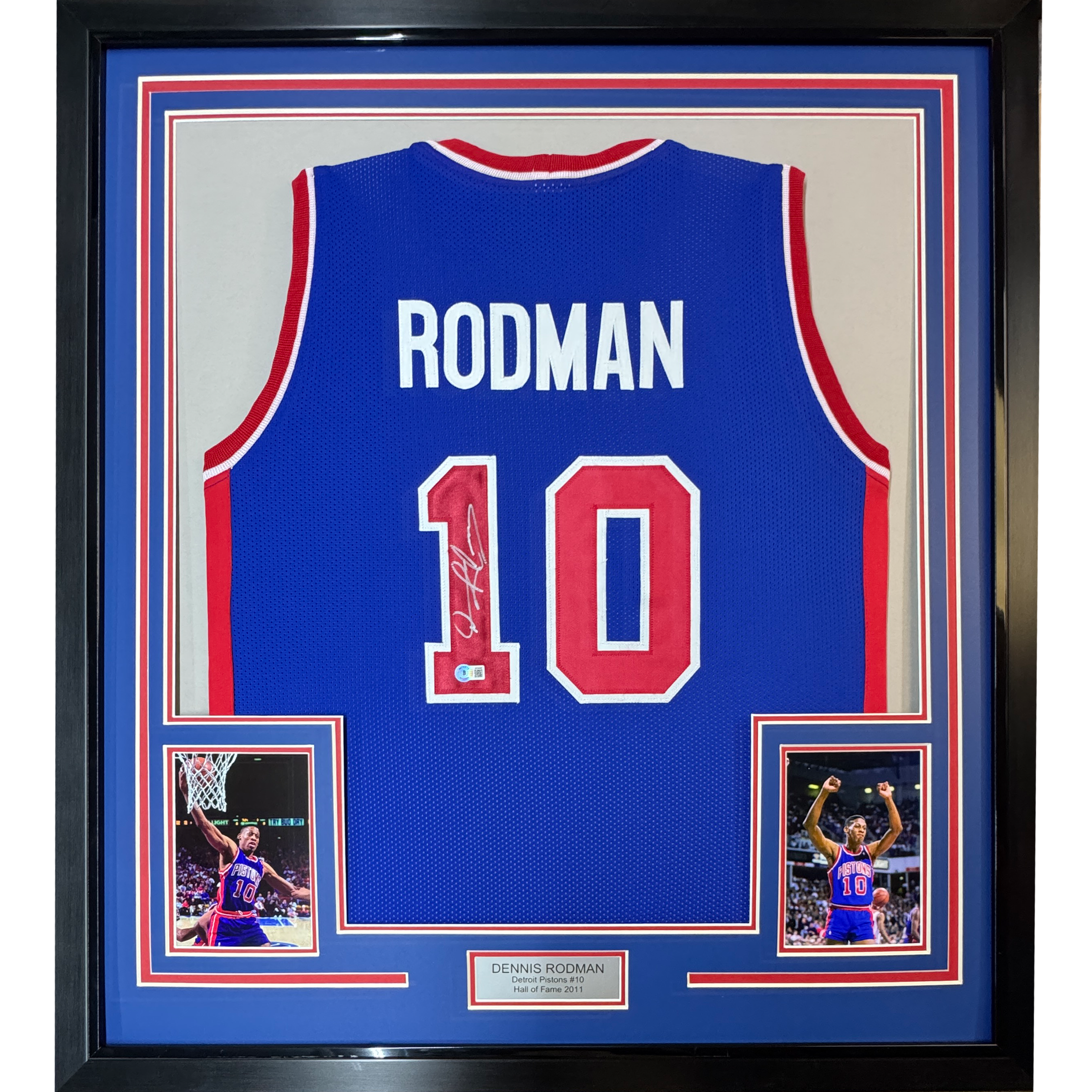 Framed Autographed/Signed Dennis Rodman 35x39 Detroit Blue Basketball Jersey Beckett BAS COA