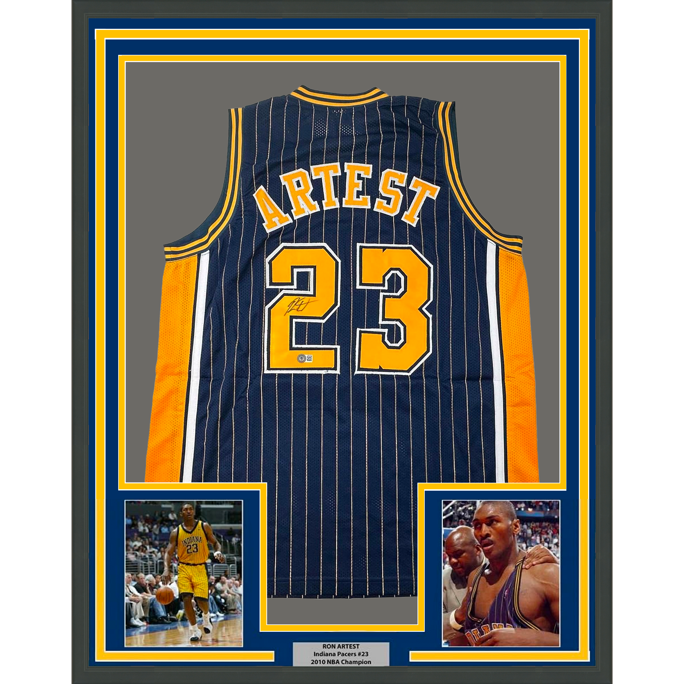 Framed Autographed/Signed Ron Artest Metta World Peace 35x39 Indiana Blue Pinstripe #23 Basketball Jersey Beckett BAS COA