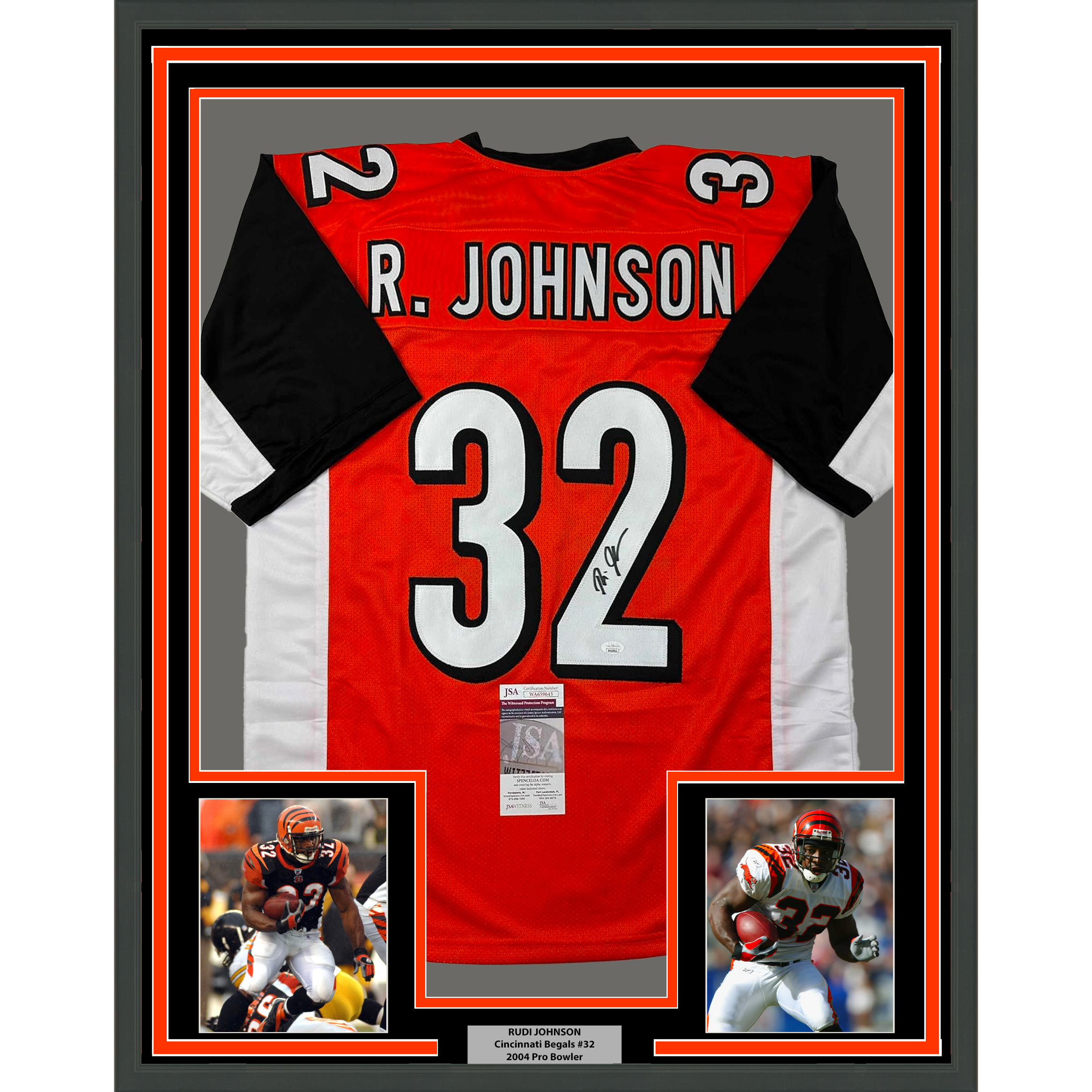 Framed Autographed/Signed Rudi Johnson 35x39 Cincinnati Orange Football Jersey JSA COA