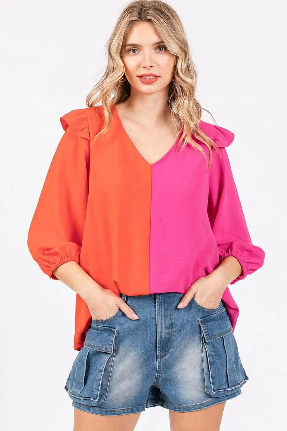 usa - Ruffle Elegance Contrast Blouse