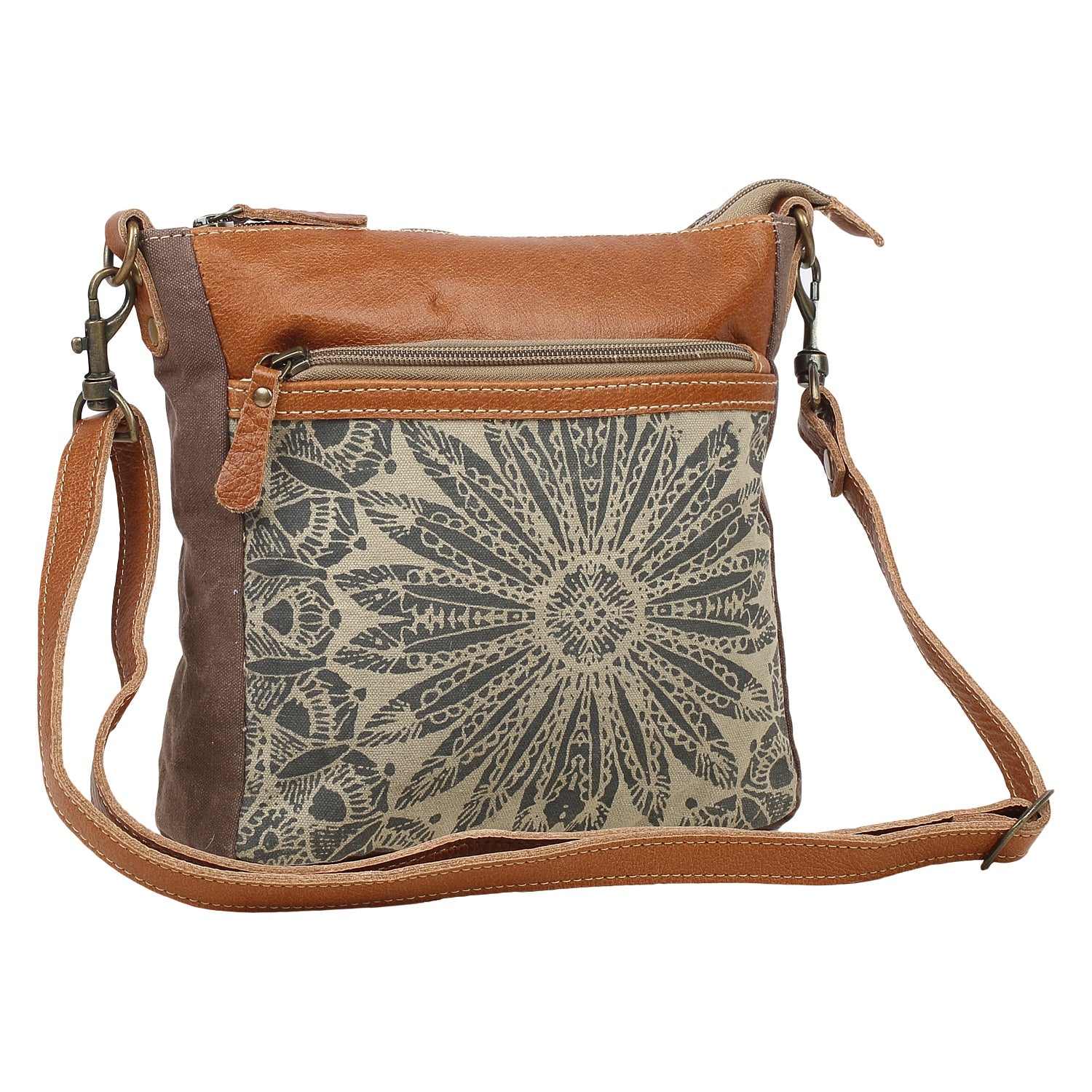 Myra Dizzy Circle Leather Shoulder Bag for Women – Sunburst Floral Print, Adjustable Strap, Rustic Everyday Companion