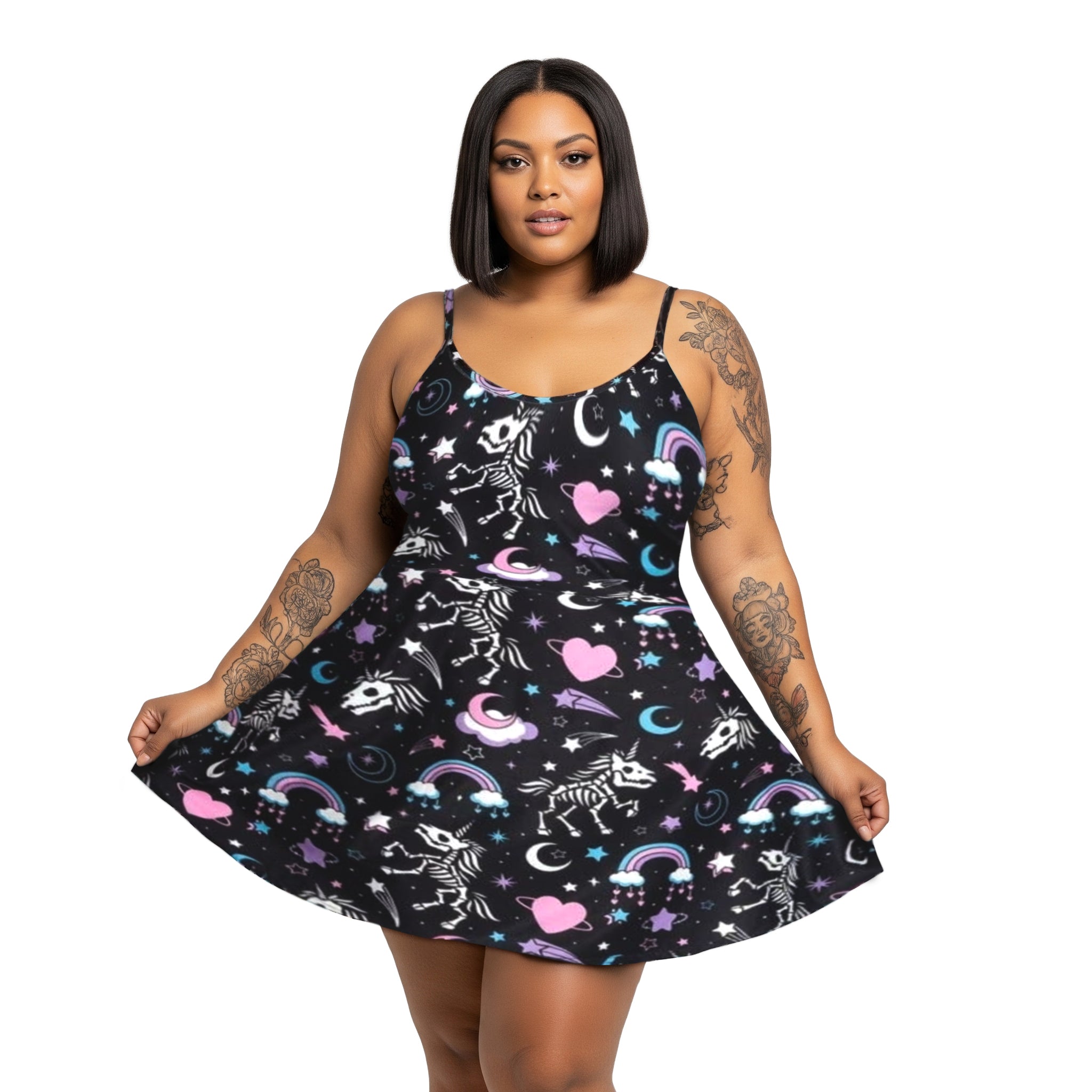 [S-3XL] Gothic Skeleton Unicorns Skater Dress | Halloween Fall Mini Dress