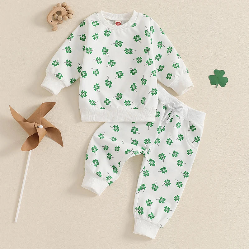 Baby Toddler Girls Boys 2Pcs St. Patrick&amp;#39;s Day Outfit Four Leaf Clover Shamrock Print Long Sleeve Crewneck Top and Elastic Pants Jogger Set