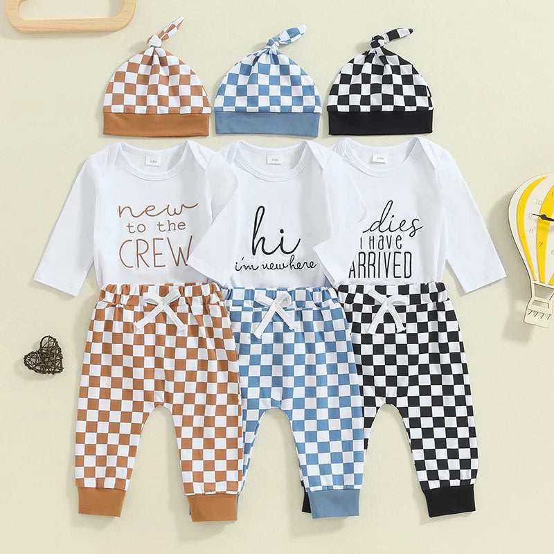 Baby Boy 3Pcs Fall Outfit New To The Crew / Hi I&amp;#39;m New Here / Ladies I Have Arrived Letter Print Long Sleeve Romper and Elastic Checker Pants Beanie Hat Set