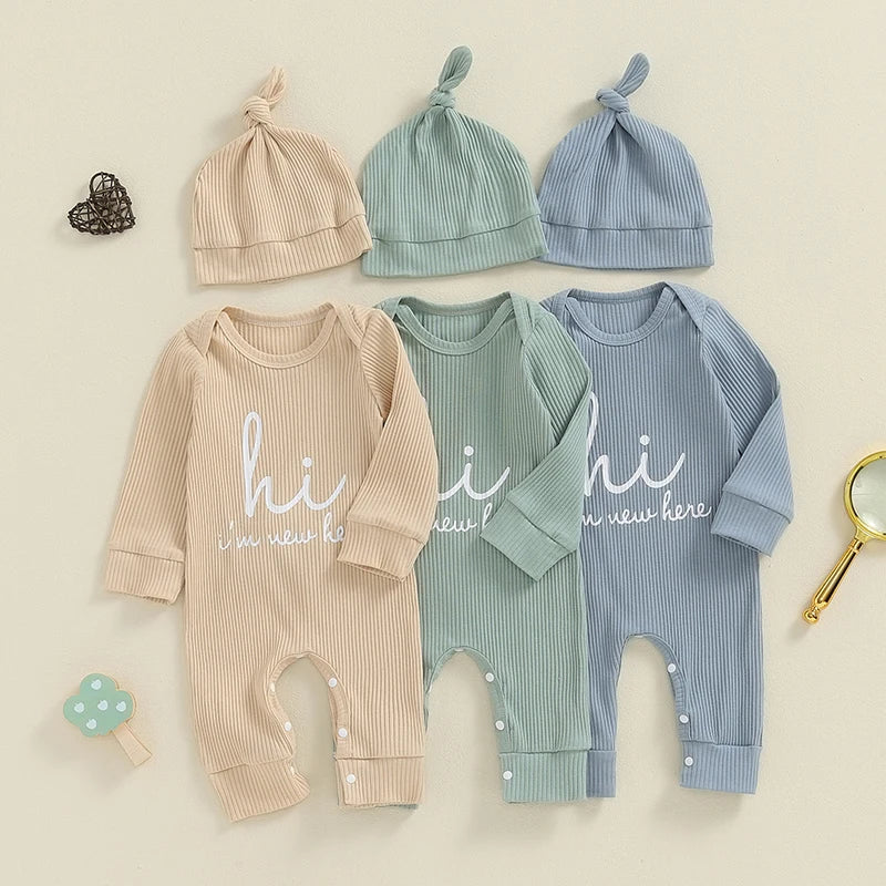 Baby Boys Girls 2Pcs Hi I&amp;#39;m New Here Romper Letter Print Long Sleeve Crew Neck Jumpsuit Bodysuit with Hat Set