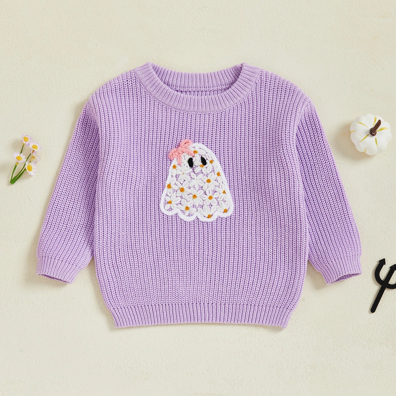 Baby Toddler Kids Girl Halloween Sweater Long Sleeve Round Neck Ghost Flower Embroidery Knit Pullover Top
