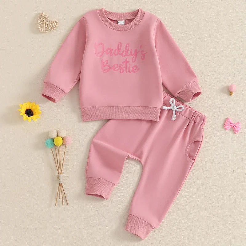 Baby Toddler Girls 2Pcs Daddy&amp;#39;s Bestie Outfit Letter Print Long Sleeve Crewneck Top with Solid Pants Jogger Set