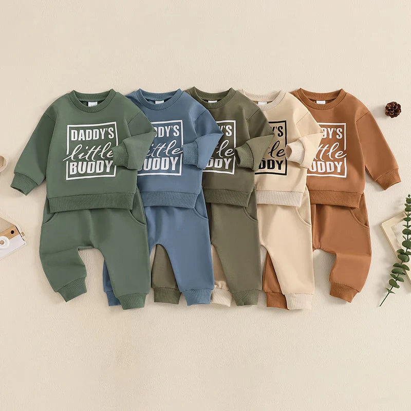Baby Toddler Boys 2Pcs Daddy&amp;#39;s Little Buddy Jogger Set Long Sleeve Letters Print Top with Elastic Waist Pants Outfit