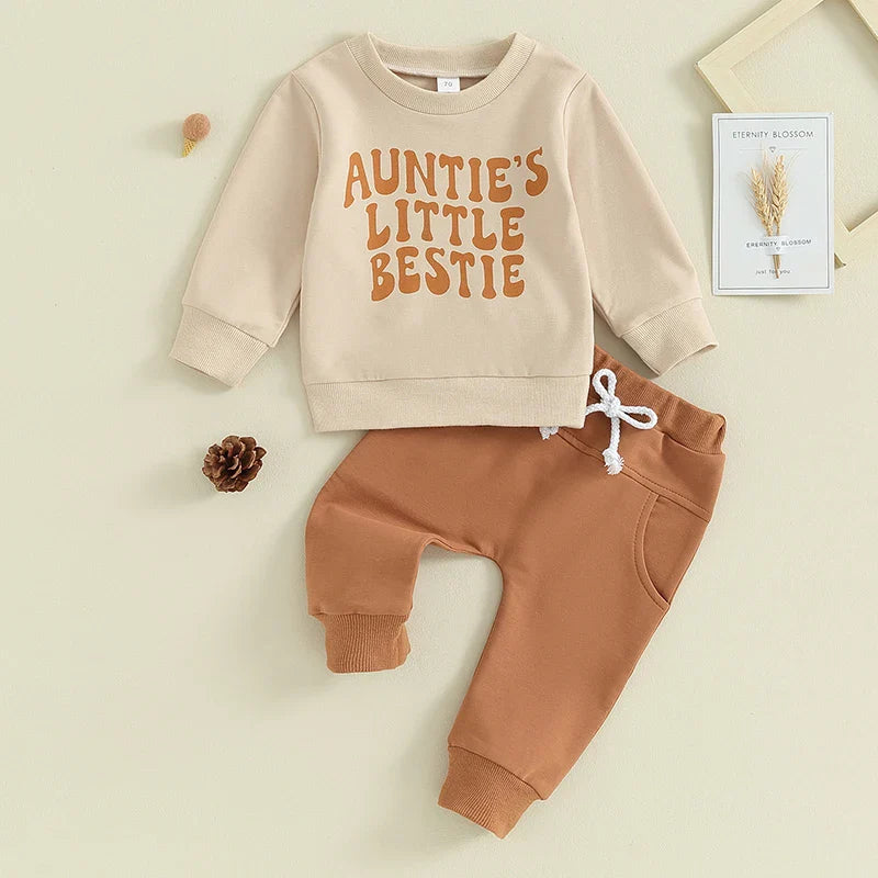 Baby Toddler Boys Girls 2Pcs Clothes Set Letter Auntie&amp;#39;s Little Bestie Print Long Sleeve Pullover Top Jogger Pant Outfit